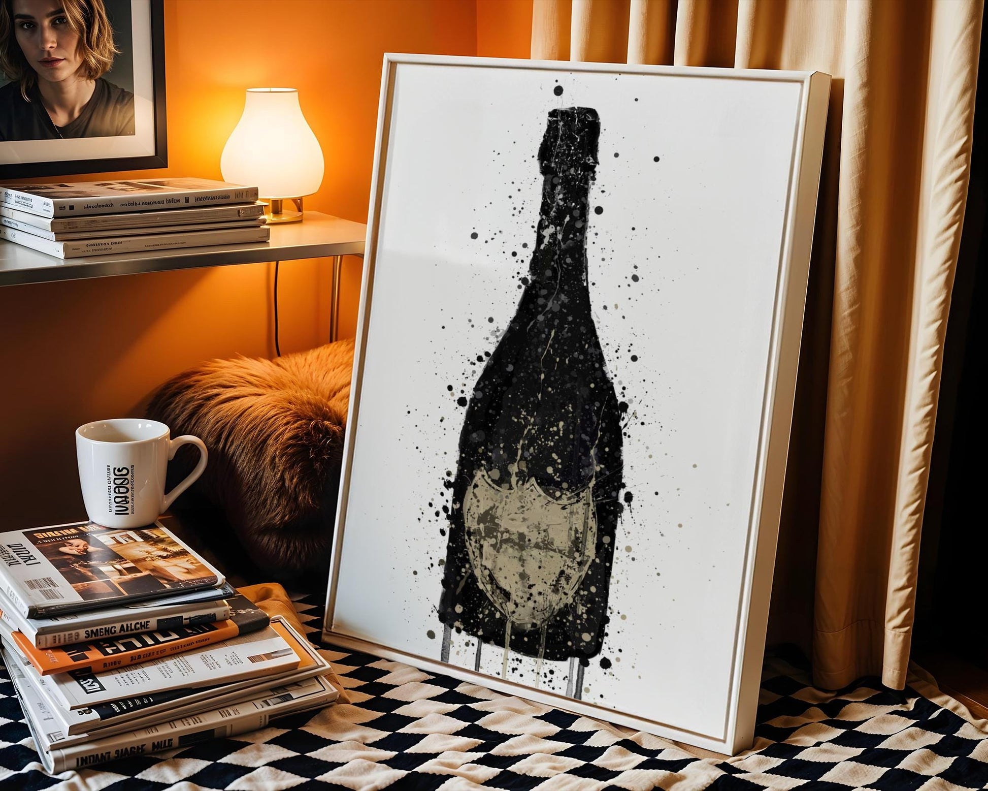 Elegant black and grey splash-art print of a champagne bottle, featuring a moody and minimalist aesthetic. Ideal for sophisticated bar spaces, home kitchens, or lounge areas, this modern alcohol-themed artwork offers a refined take on celebration and style. The understated palette and dynamic paint textures make it perfect for fans of bubbly drinks and upscale drink decor.