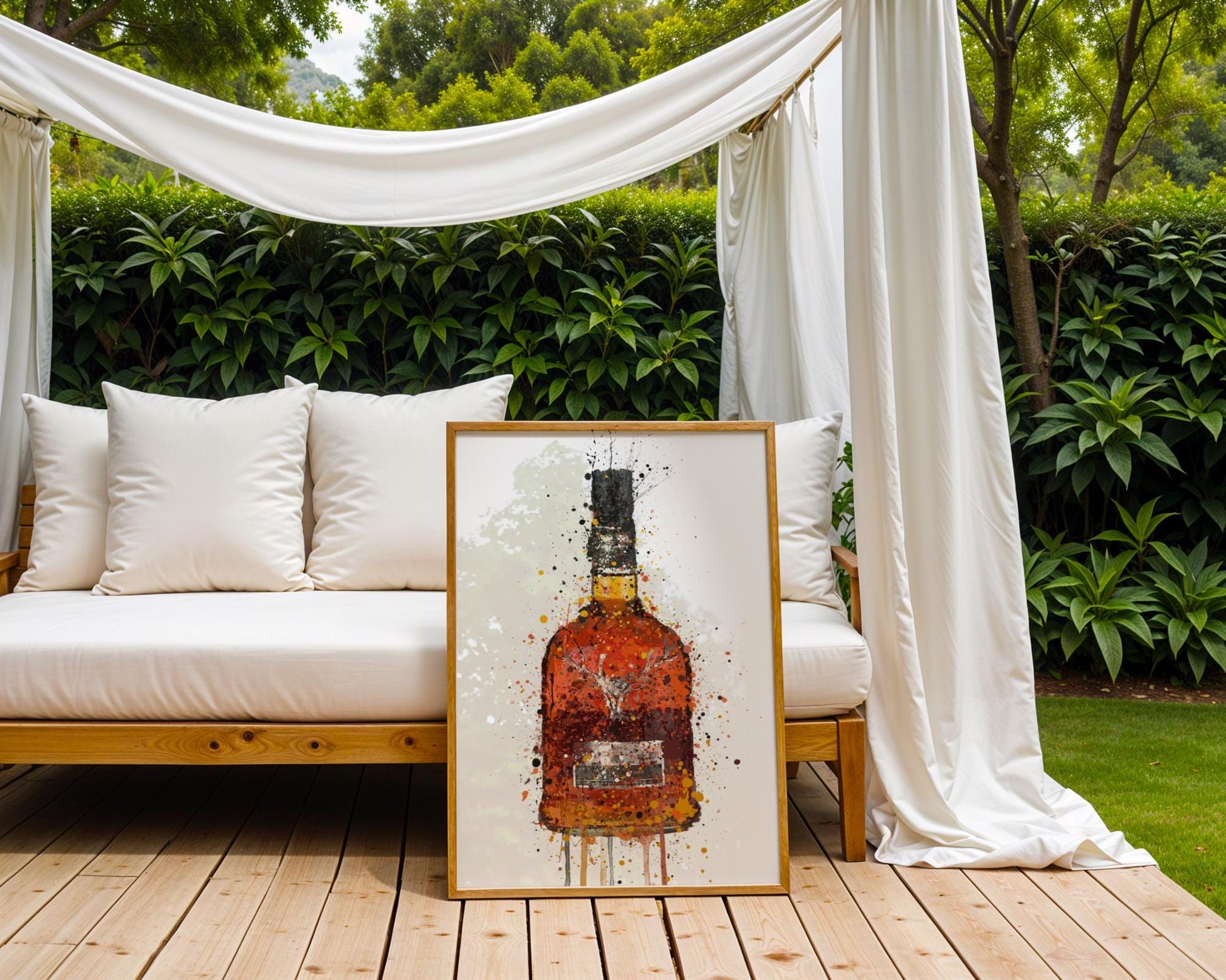 Artistic Woodford Reserve whiskey bottle print featuring rich amber and deep brown splash effects on a crisp white background. This bold and expressive bourbon-themed artwork captures the warmth and complexity of a premium Kentucky spirit. Ideal for elegant bar spaces, rustic lounges, or refined mancave walls, it’s a must-have for bourbon lovers and collectors of iconic American whiskey prints.