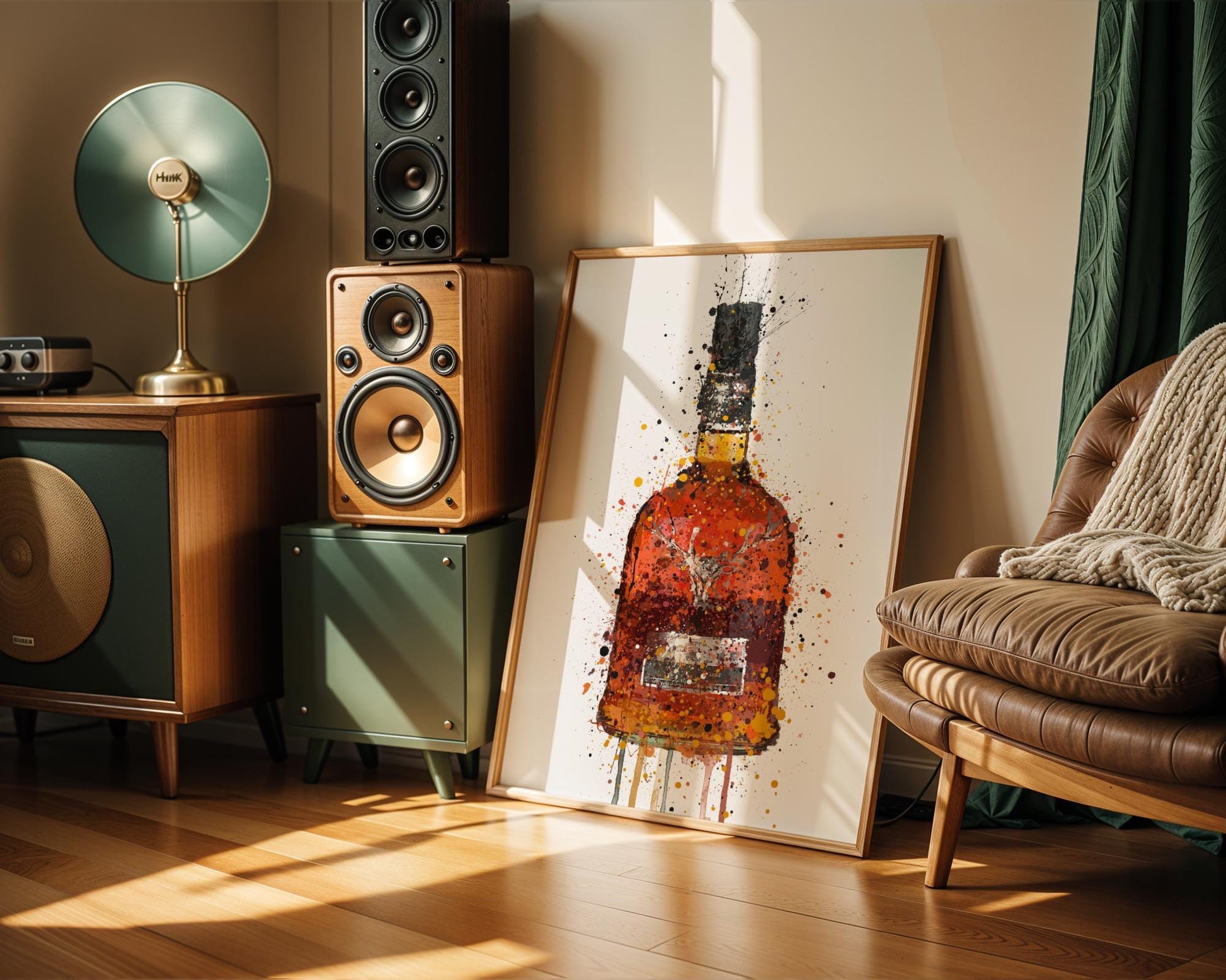 Artistic Woodford Reserve whiskey bottle print featuring rich amber and deep brown splash effects on a crisp white background. This bold and expressive bourbon-themed artwork captures the warmth and complexity of a premium Kentucky spirit. Ideal for elegant bar spaces, rustic lounges, or refined mancave walls, it’s a must-have for bourbon lovers and collectors of iconic American whiskey prints.