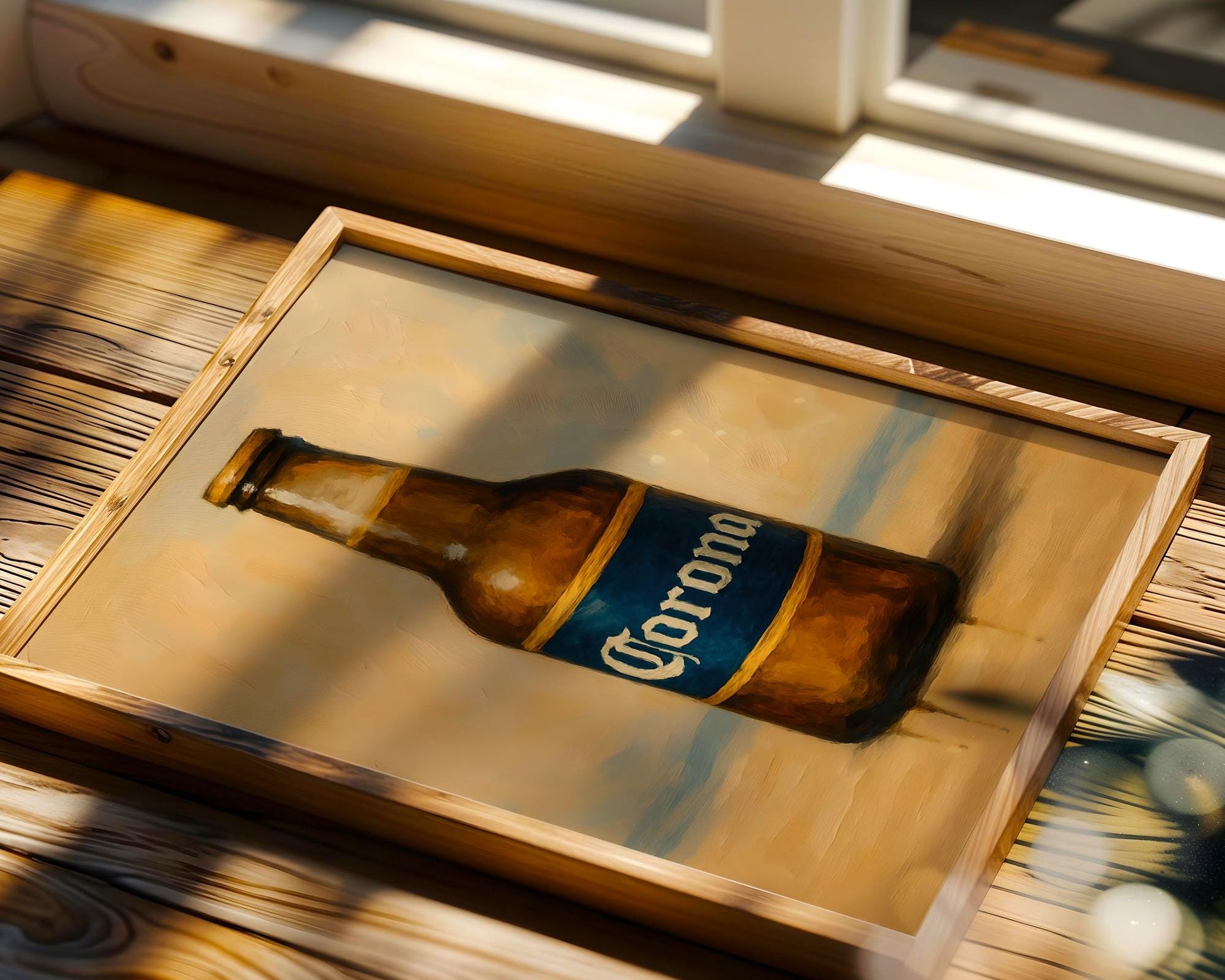 Clean and bold beer poster inspired by Corona, featuring a deep blue label bottle with light coastal tones and beach-style atmosphere. A fresh, relaxed design perfect for sunny home bars, beachy kitchens, or pubs with a laid-back aesthetic. This artwork pays tribute to summertime beers, evoking ocean breeze and classic lager imagery in an artistic, minimalist format.