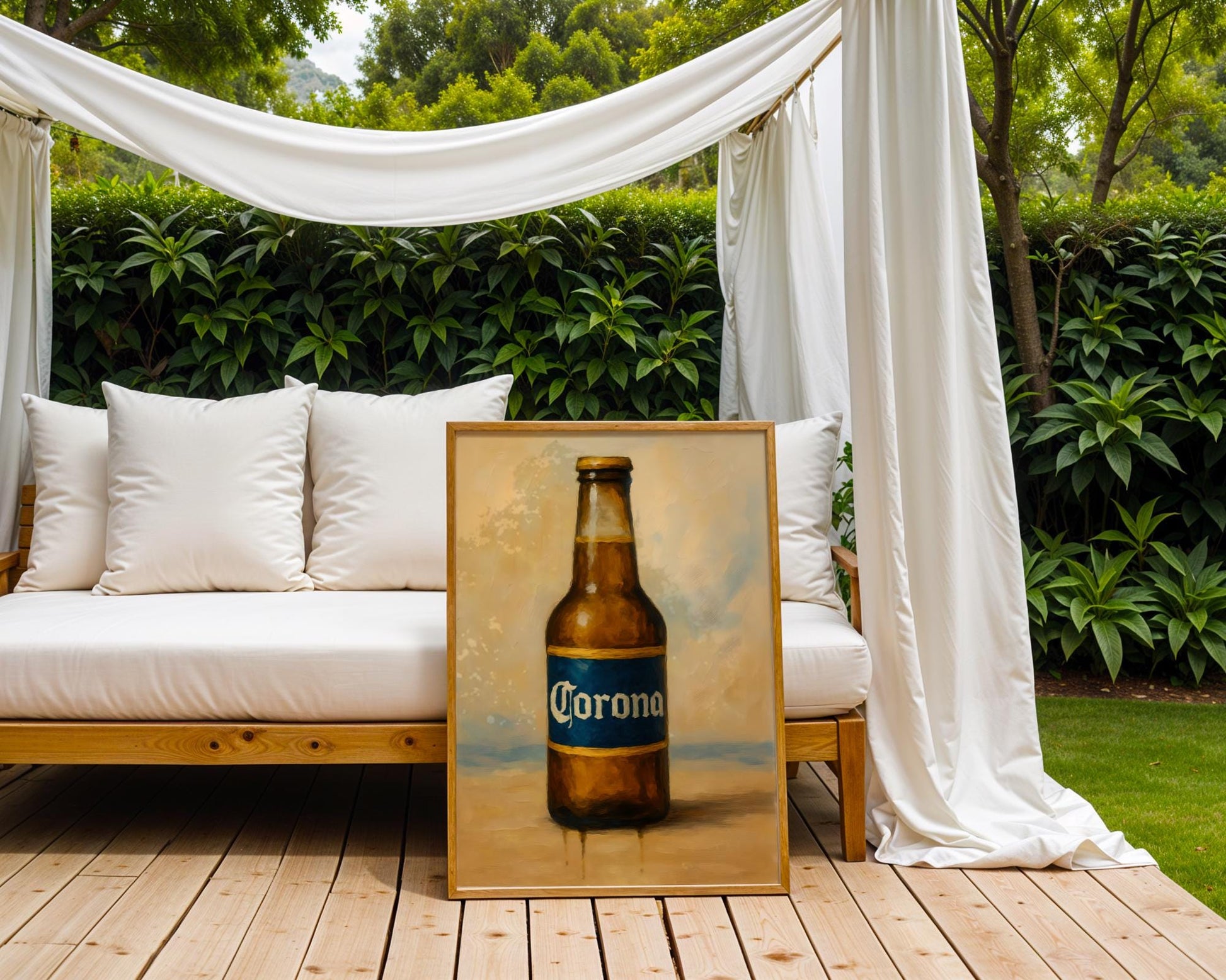 Clean and bold beer poster inspired by Corona, featuring a deep blue label bottle with light coastal tones and beach-style atmosphere. A fresh, relaxed design perfect for sunny home bars, beachy kitchens, or pubs with a laid-back aesthetic. This artwork pays tribute to summertime beers, evoking ocean breeze and classic lager imagery in an artistic, minimalist format.
