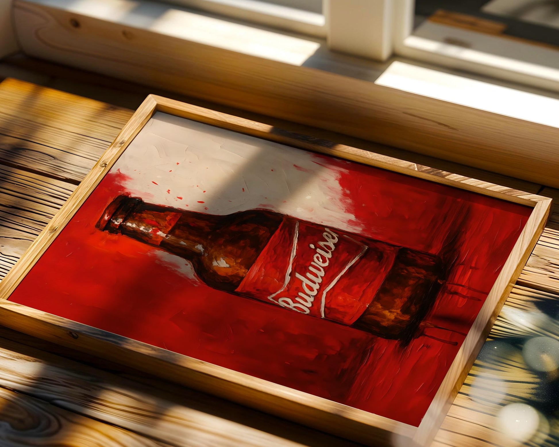 Eye-catching Budweiser-inspired bottle artwork featuring vivid red and white tones with a textured splash background. This American lager print blends vintage brand loyalty with high-impact visual style, ideal for patriotic bars, game rooms, and bold mancave aesthetics. Celebrate classic beer culture with this energetic design centered on a legendary brew.