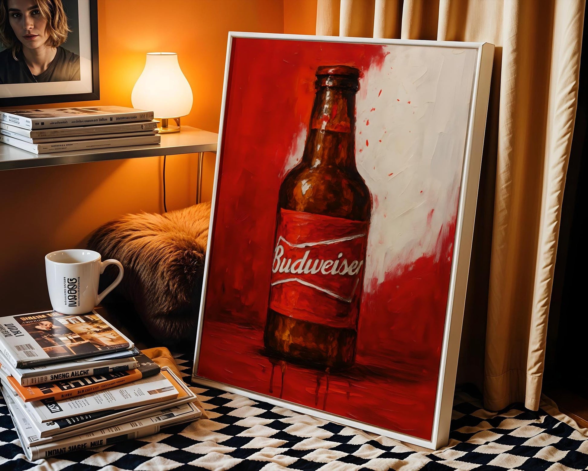 Eye-catching Budweiser-inspired bottle artwork featuring vivid red and white tones with a textured splash background. This American lager print blends vintage brand loyalty with high-impact visual style, ideal for patriotic bars, game rooms, and bold mancave aesthetics. Celebrate classic beer culture with this energetic design centered on a legendary brew.