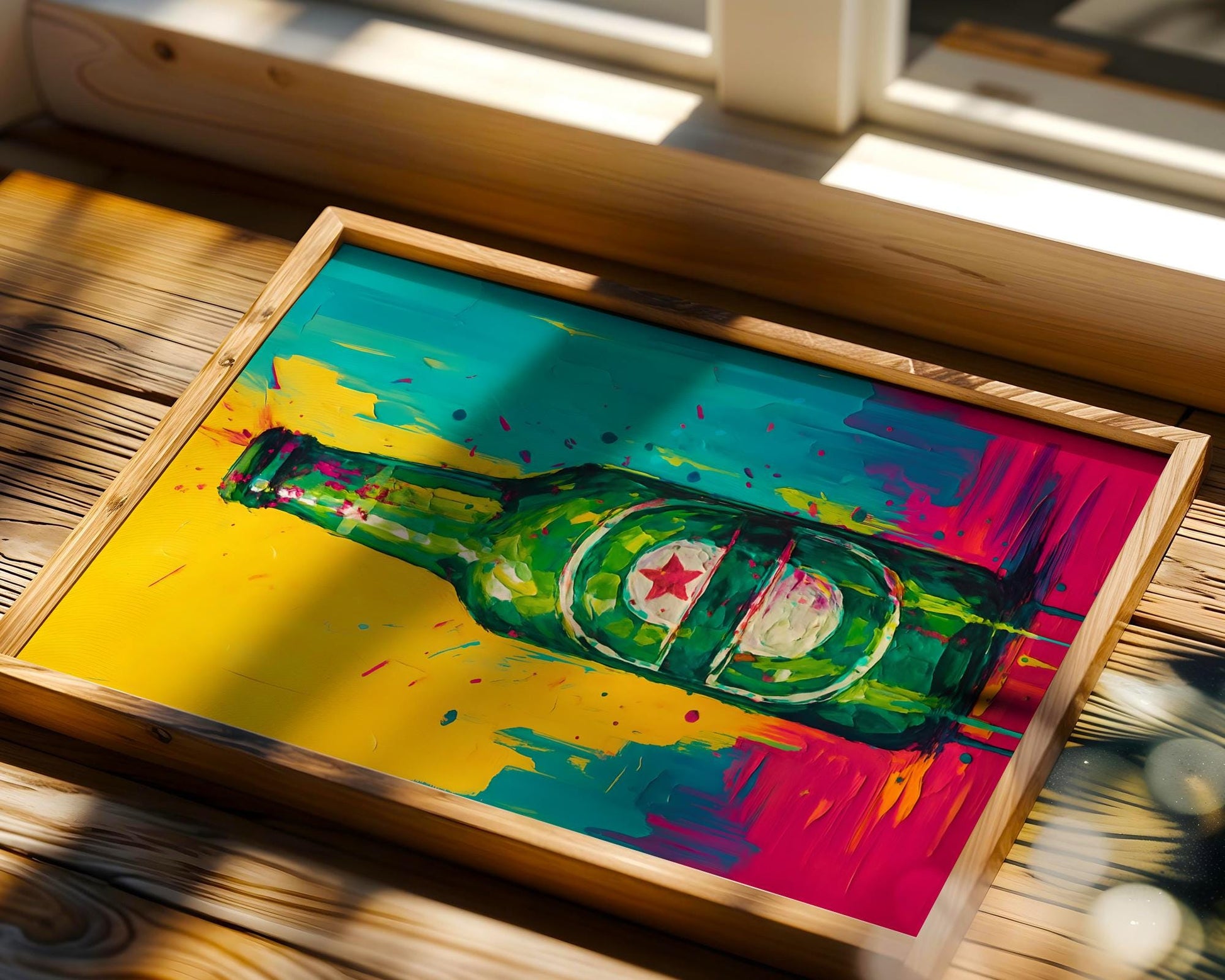 A neon-style beer bottle poster inspired by Heineken, rendered in bold tropical colors including green, yellow, blue, and pink. This high-energy art print captures party vibes, perfect for club-style bars, vibrant kitchen corners, or eclectic mancave spaces. A modern twist on a classic lager brand, delivering bold attitude, street style, and youthful spirit to any beer lover’s wall.