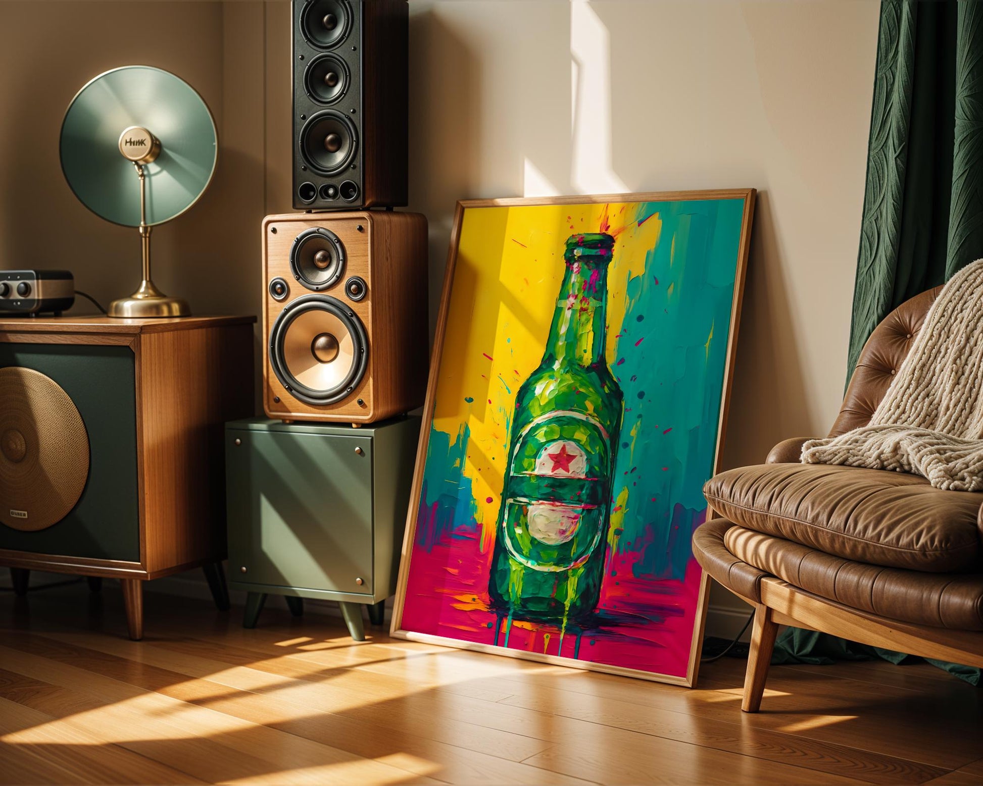 A neon-style beer bottle poster inspired by Heineken, rendered in bold tropical colors including green, yellow, blue, and pink. This high-energy art print captures party vibes, perfect for club-style bars, vibrant kitchen corners, or eclectic mancave spaces. A modern twist on a classic lager brand, delivering bold attitude, street style, and youthful spirit to any beer lover’s wall.