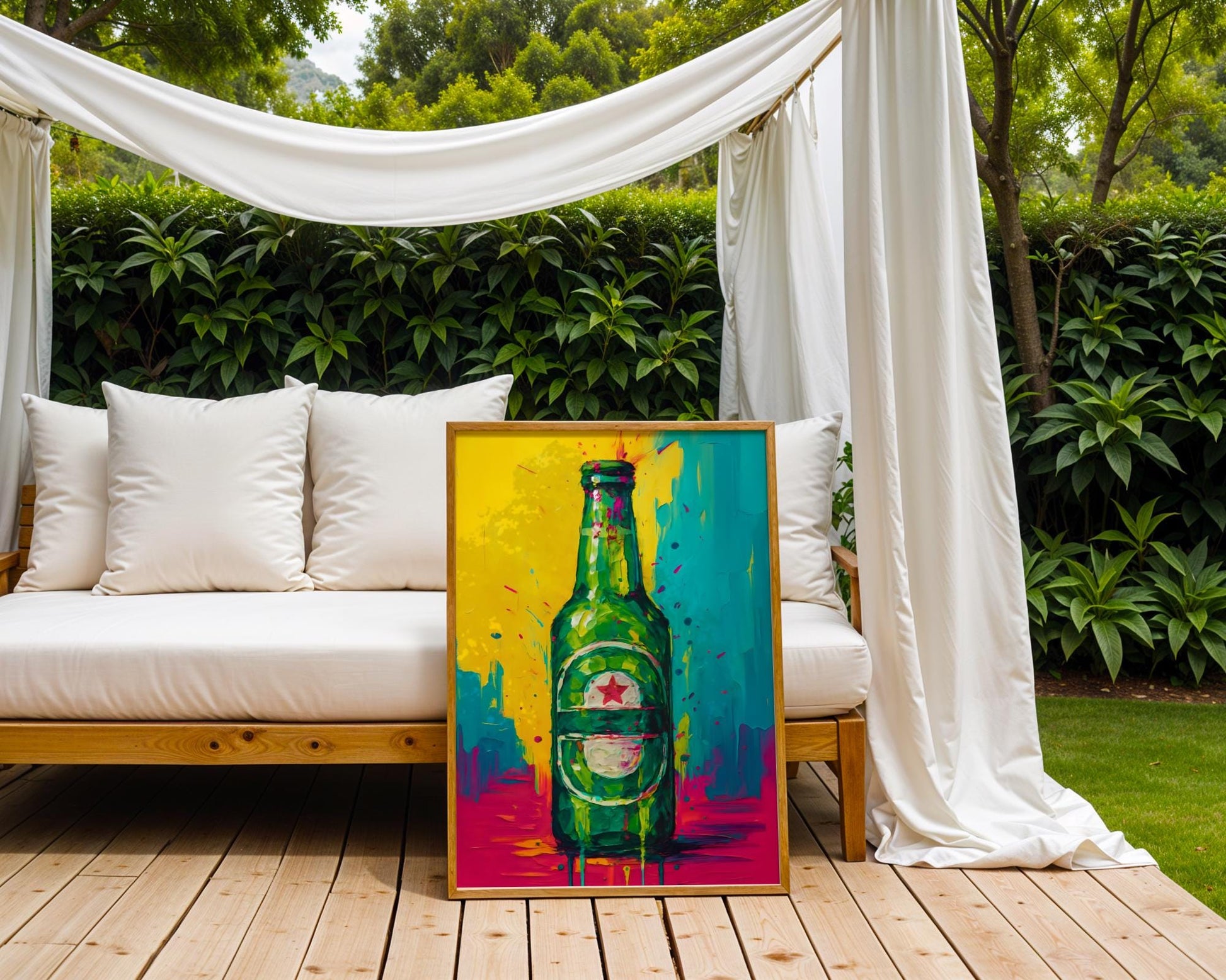 A neon-style beer bottle poster inspired by Heineken, rendered in bold tropical colors including green, yellow, blue, and pink. This high-energy art print captures party vibes, perfect for club-style bars, vibrant kitchen corners, or eclectic mancave spaces. A modern twist on a classic lager brand, delivering bold attitude, street style, and youthful spirit to any beer lover’s wall.