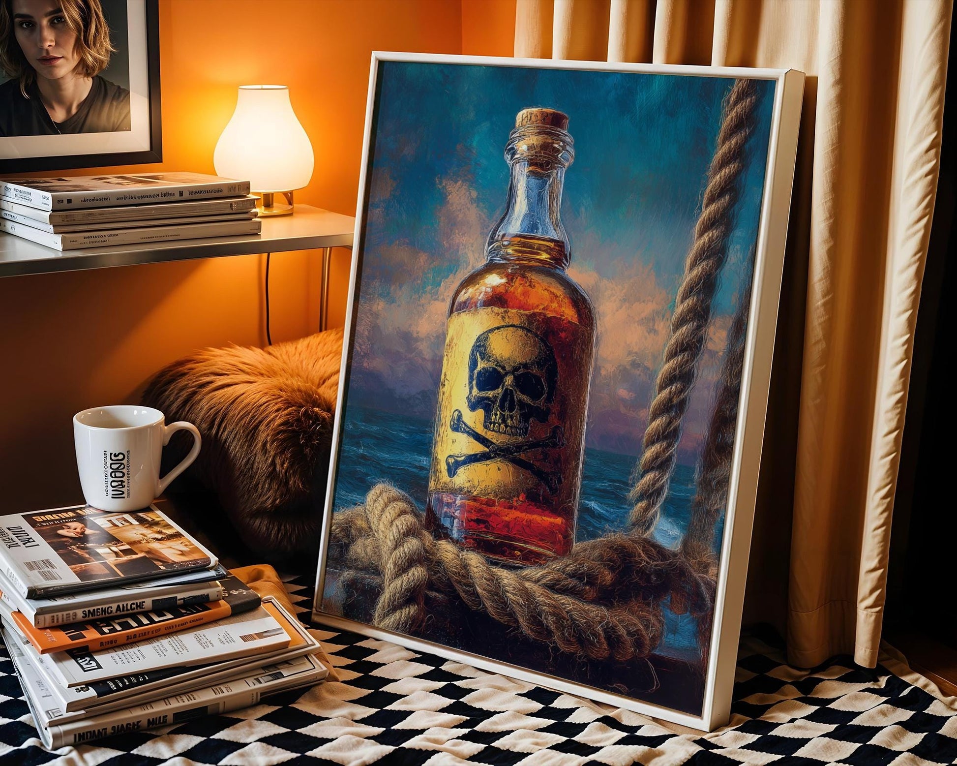 Fantasy-inspired pirate rum bottle print with skull-and-crossbones label, thick ship rope, and ocean sunset background. Perfect for nautical decor, pirate lovers, and rum enthusiasts, this dramatic artwork captures maritime legend and tropical adventure in a colorful, detailed setting. Great for bar spaces, pub walls, or themed mancaves with a taste for bold spirits and seafaring style.
