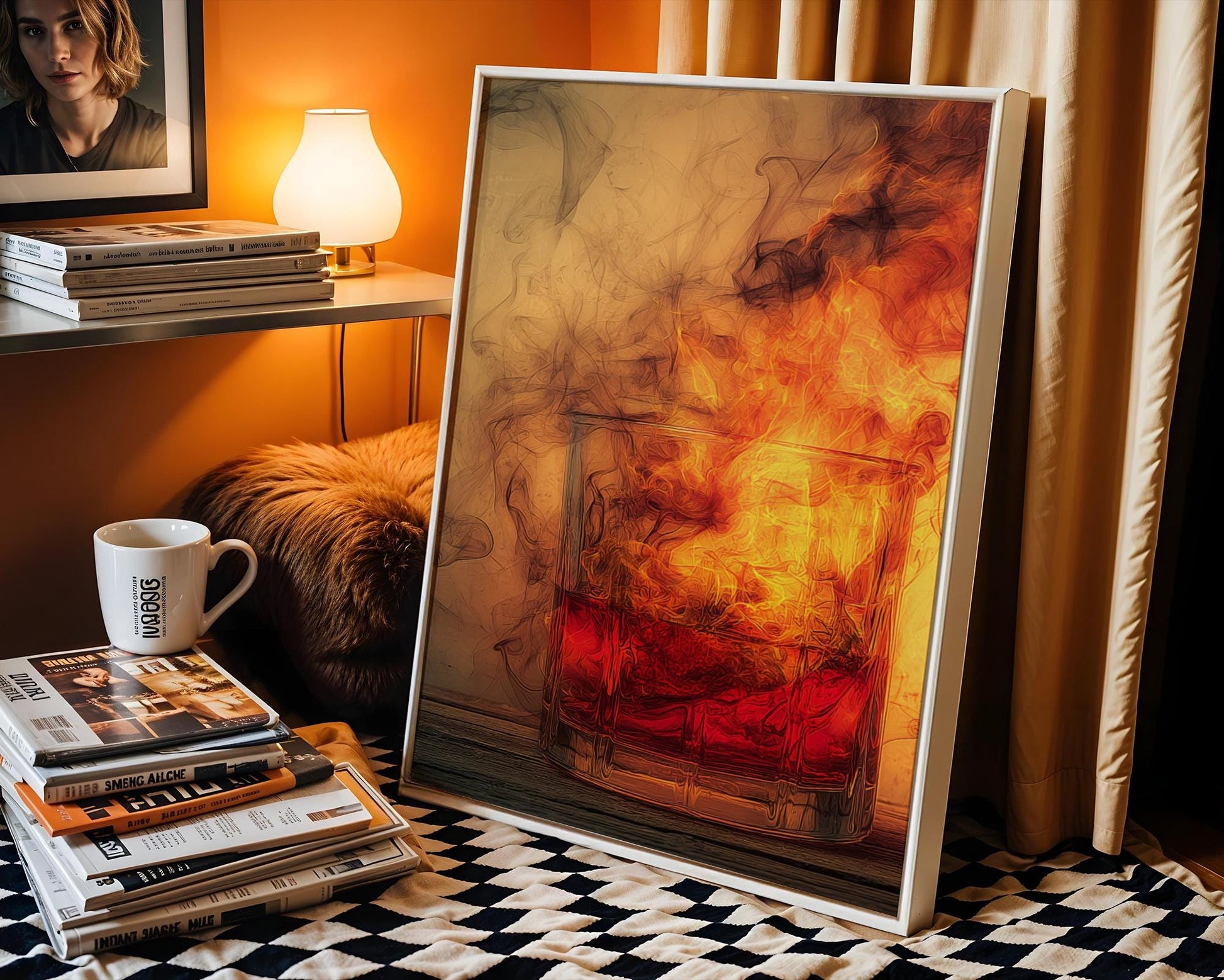 Intense whiskey glass artwork with blazing fire and swirling heat effect rising from rich red liquid. A visually explosive alcohol-themed print ideal for bold drinkers, this piece brings passion, heat, and drama to home bars or moody mancaves. Perfect for lovers of fiery bourbon, hot cocktails, or dramatic wall visuals that turn up the temperature in any space.