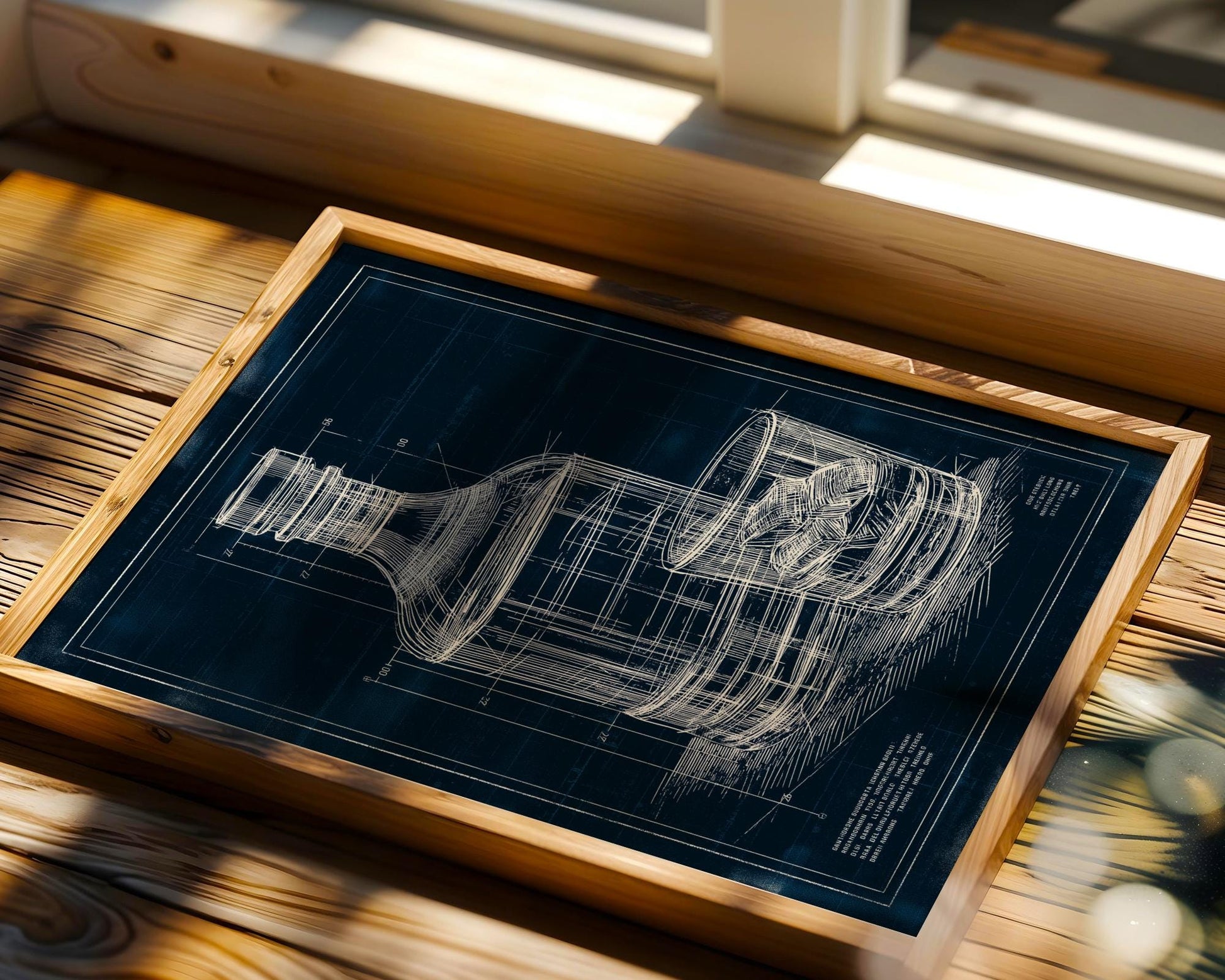 Unique blueprint-style poster of a whiskey bottle and glass with intricate white line detailing on deep blue background. This technical drawing-inspired piece is perfect for engineers, tinkerers, and makers who also love good spirits. Great for modern mancaves, creative studios, or stylish bar decor with a clever, industrial twist.