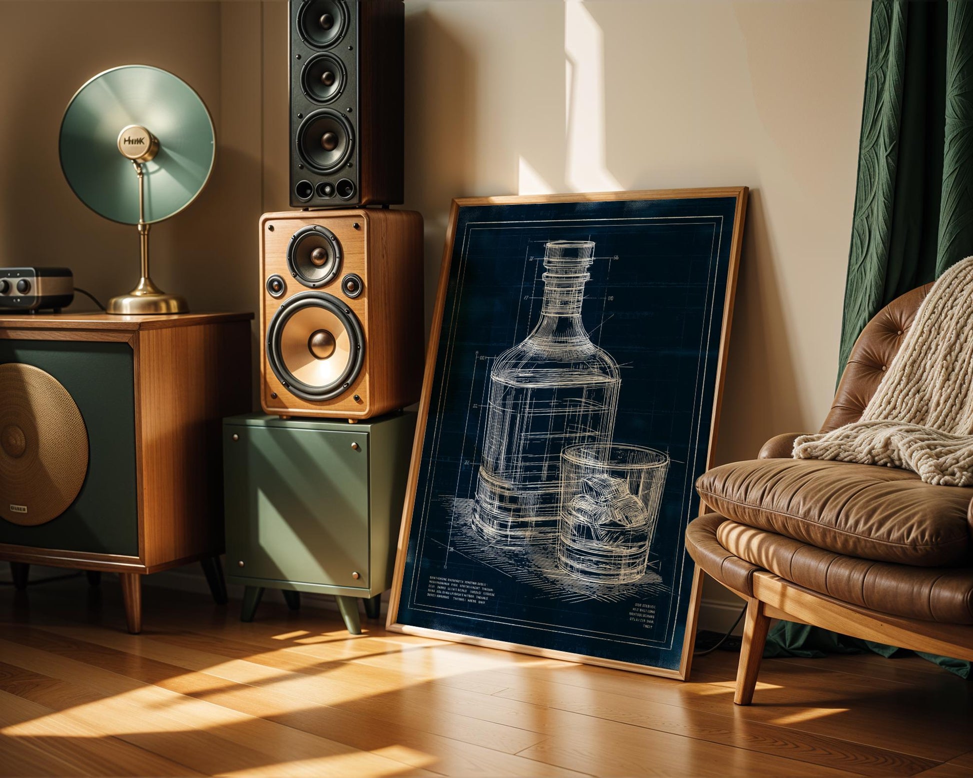 Unique blueprint-style poster of a whiskey bottle and glass with intricate white line detailing on deep blue background. This technical drawing-inspired piece is perfect for engineers, tinkerers, and makers who also love good spirits. Great for modern mancaves, creative studios, or stylish bar decor with a clever, industrial twist.
