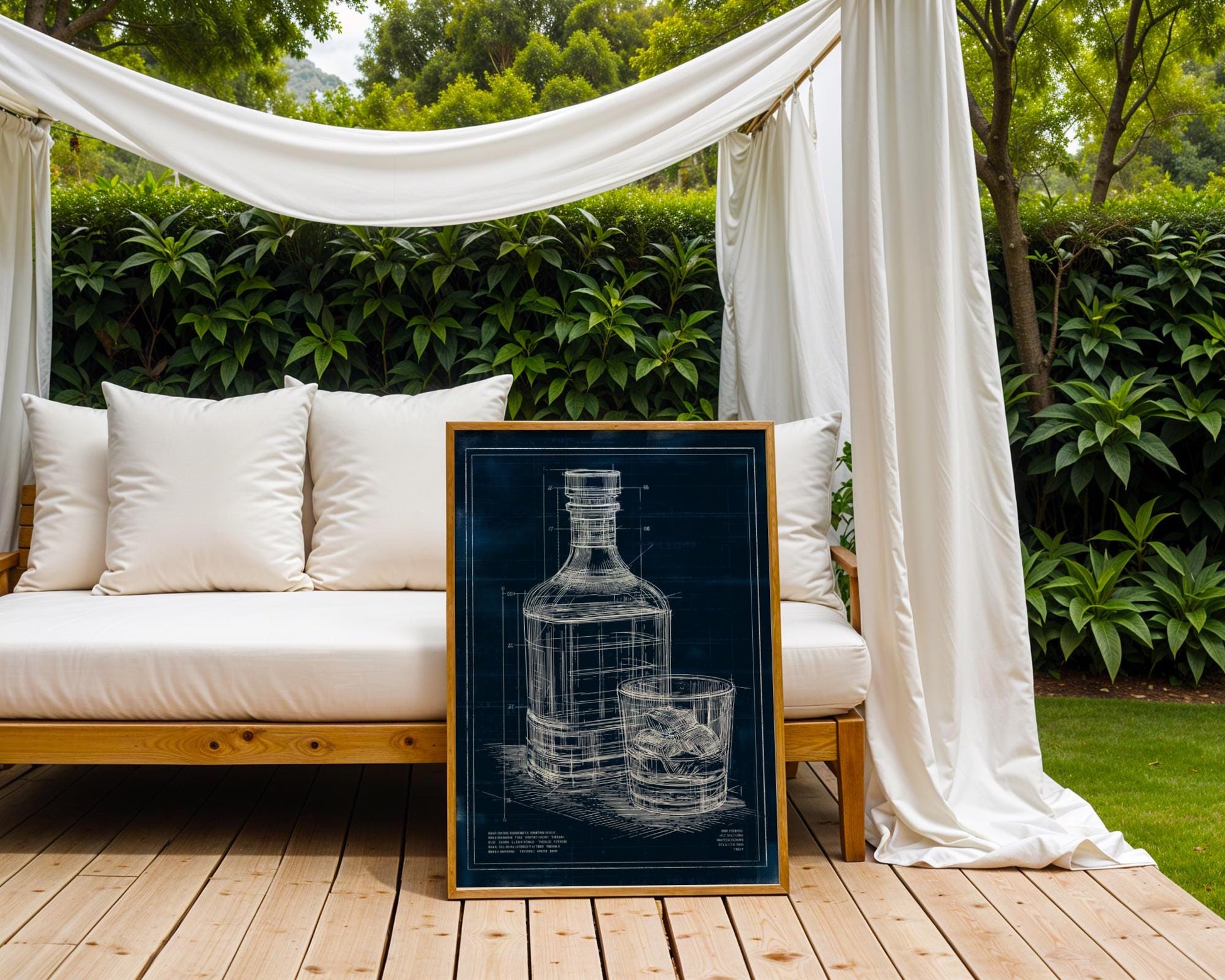 Unique blueprint-style poster of a whiskey bottle and glass with intricate white line detailing on deep blue background. This technical drawing-inspired piece is perfect for engineers, tinkerers, and makers who also love good spirits. Great for modern mancaves, creative studios, or stylish bar decor with a clever, industrial twist.