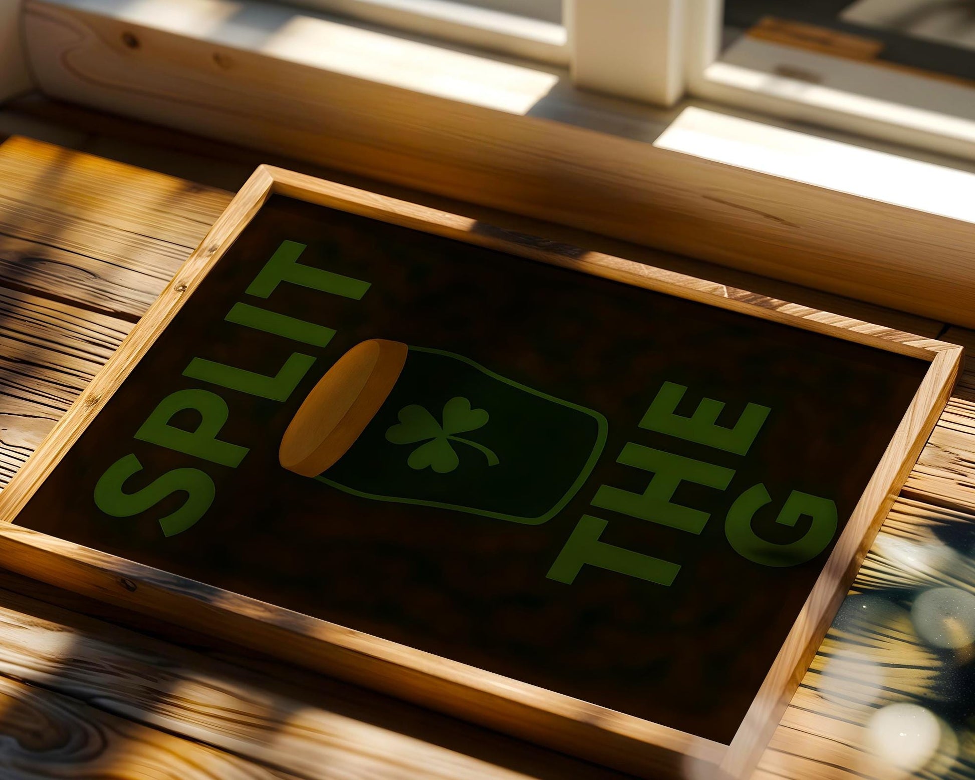 Bold typography print with 'Split the G' and a dark stout pint in the center, featuring a green shamrock motif. Set against a deep, moody background, this humorous and iconic Irish beer reference is perfect for Guinness fans and pub lovers. Ideal for home bars, St. Paddy’s Day displays, or mancave walls where beer rules supreme.