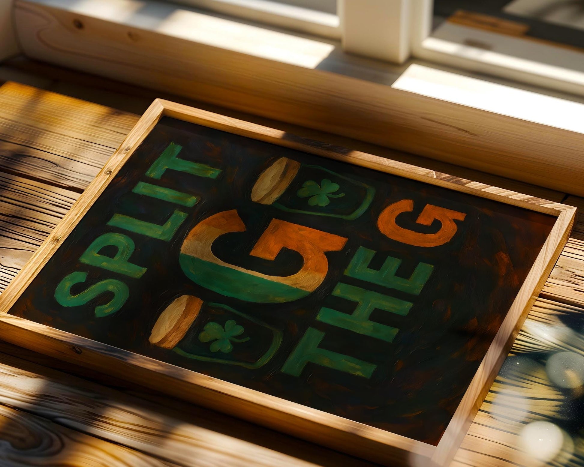 Hand-painted poster featuring the playful phrase 'Split the G' in large green and gold letters flanked by two pints of dark Irish stout. With textured brushwork and a moody palette, this piece captures the pub atmosphere and cheeky Guinness challenge. Ideal for beer lovers, pub decor, or as a St. Patrick’s Day gift.