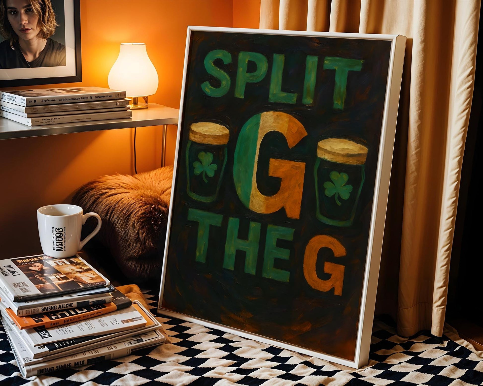 Hand-painted poster featuring the playful phrase 'Split the G' in large green and gold letters flanked by two pints of dark Irish stout. With textured brushwork and a moody palette, this piece captures the pub atmosphere and cheeky Guinness challenge. Ideal for beer lovers, pub decor, or as a St. Patrick’s Day gift.