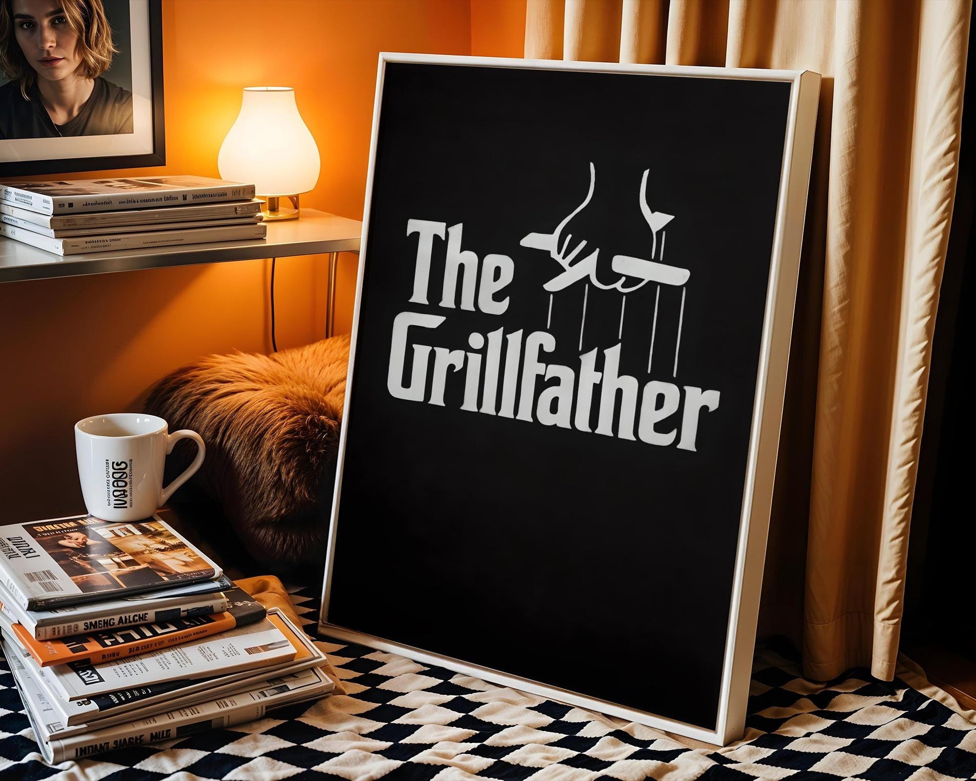 Bold black and white chalkboard-style poster with 'The Grillfather' text parodying The Godfather, complete with puppet strings holding a grilling fork. A perfect gift for dads, BBQ fans, and grill kings, this fun and graphic design adds flavor to backyard setups, man caves, or cookout spaces with a sense of humor.