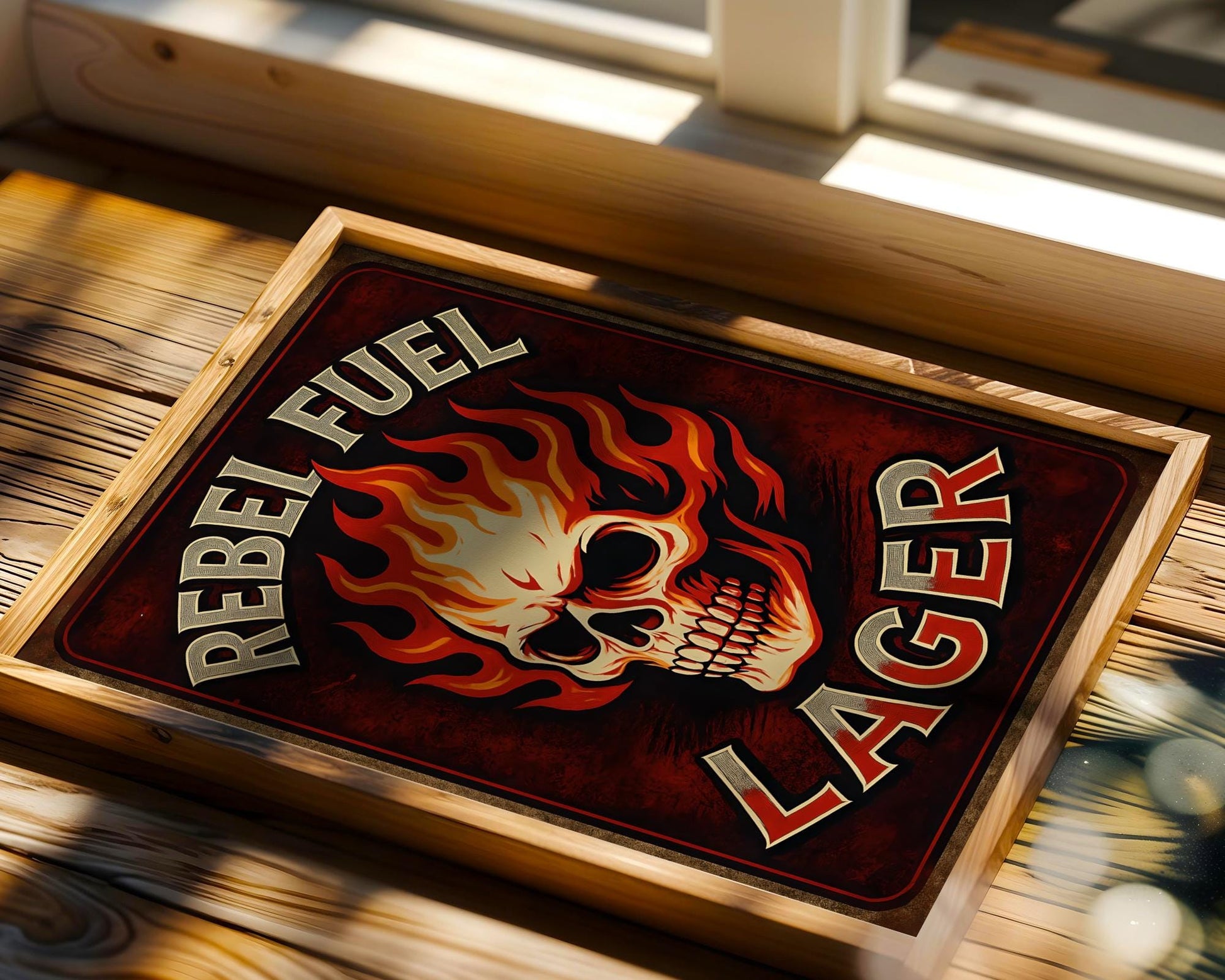 Fiery poster design featuring a flaming skull and the bold text 'Rebel Fuel Lager' in grunge-style lettering. Perfect for rebellious spirits, this eye-catching design oozes rock-and-roll bar culture and aggressive beer branding. Great for garages, home bars, and alternative brew lovers who like their beer and decor with bite.