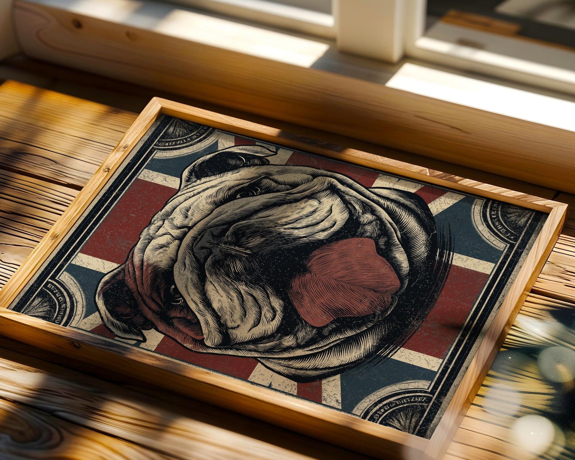 Retro-style pop art poster of a fierce British bulldog with exaggerated comic-style colors over a Union Jack background. Bright, bold, and cheeky, this pub wall print is great for adding punch to a man cave, bar area, or quirky kitchen. Designed for beer fans, bulldog lovers, or anyone wanting a fun, edgy tribute to UK spirit and attitude. A modern take on classic pub art with a twist of humor and graphic flair.