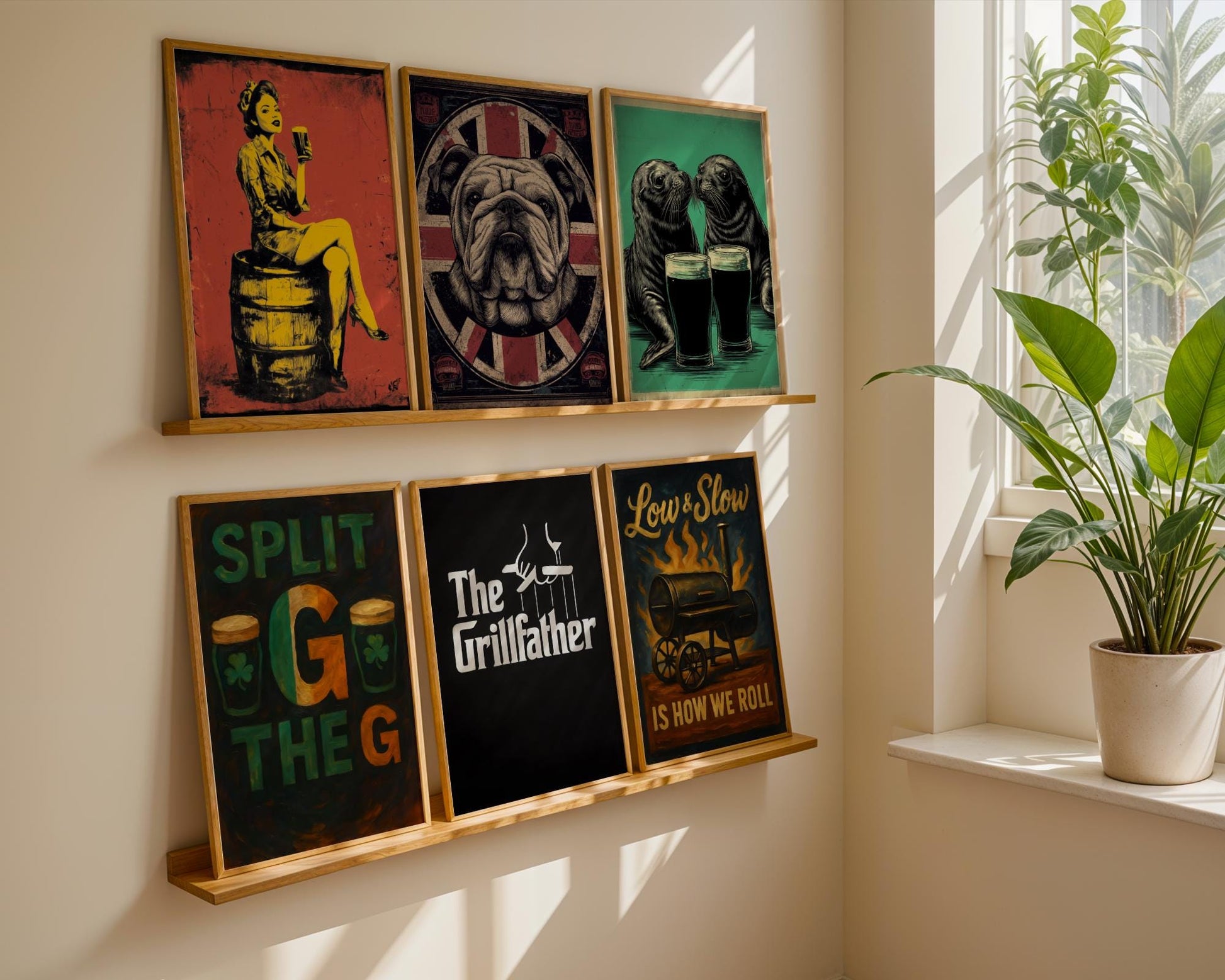 Retro-style pop art poster of a fierce British bulldog with exaggerated comic-style colors over a Union Jack background. Bright, bold, and cheeky, this pub wall print is great for adding punch to a man cave, bar area, or quirky kitchen. Designed for beer fans, bulldog lovers, or anyone wanting a fun, edgy tribute to UK spirit and attitude. A modern take on classic pub art with a twist of humor and graphic flair.