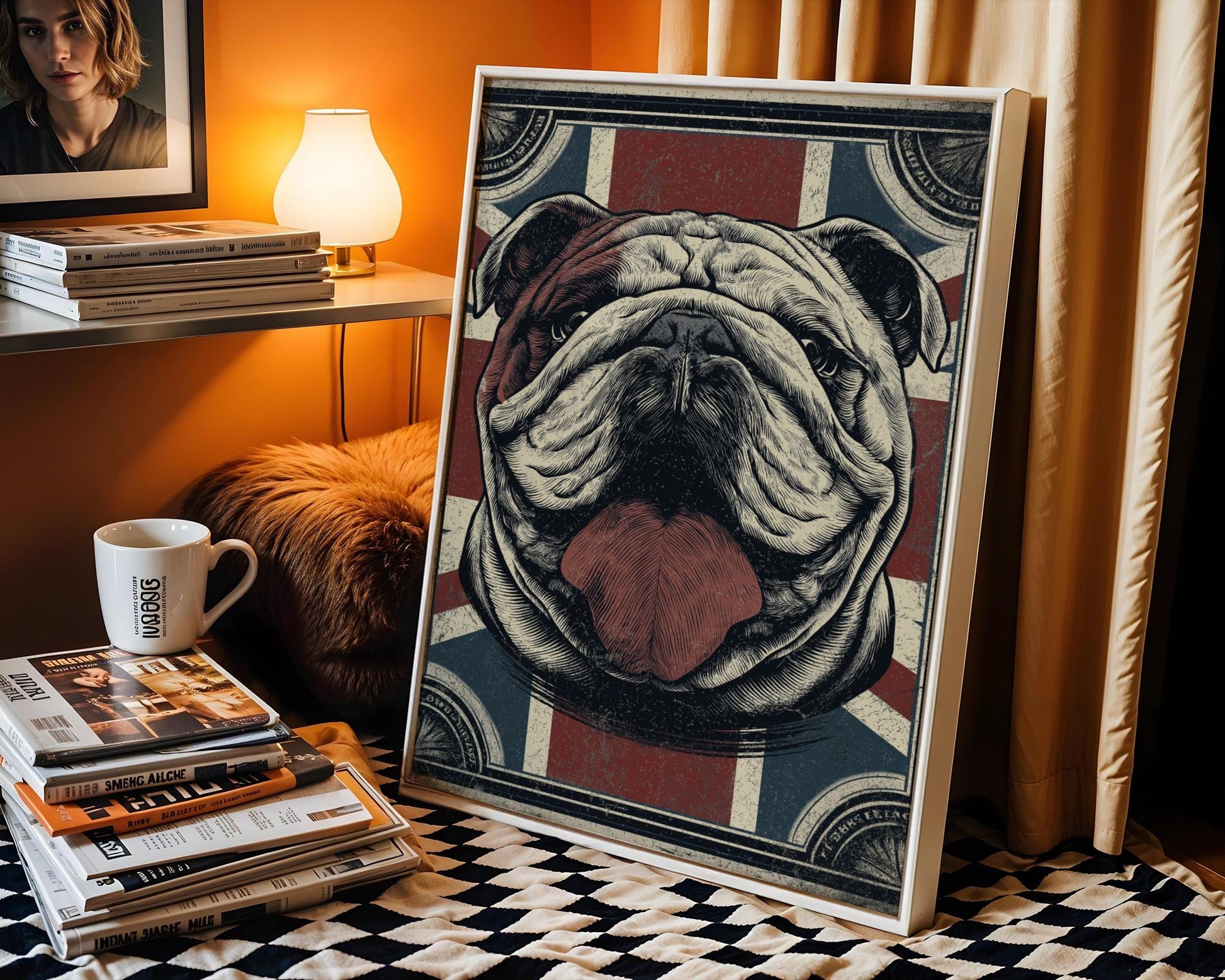 Retro-style pop art poster of a fierce British bulldog with exaggerated comic-style colors over a Union Jack background. Bright, bold, and cheeky, this pub wall print is great for adding punch to a man cave, bar area, or quirky kitchen. Designed for beer fans, bulldog lovers, or anyone wanting a fun, edgy tribute to UK spirit and attitude. A modern take on classic pub art with a twist of humor and graphic flair.