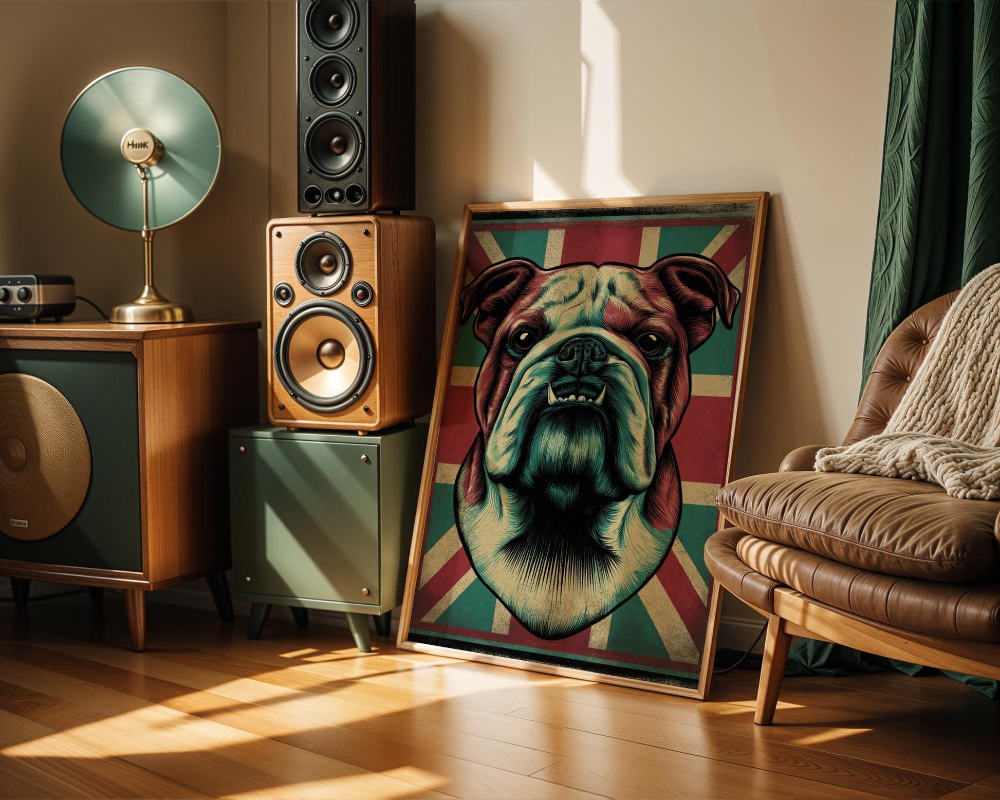 Vintage-style illustration of a British bulldog with a Union Jack background, perfect for UK-themed bar decor, beer lovers, and pub walls. Bold, detailed design makes it ideal mancave wall art or British beer enthusiast gift. Adds personality and grit to any drinking space, especially for bulldog fans. Great print for British pride and pub signage aesthetics. Rustic tones and patriotic flair give this piece standout appeal in home bars, lounges, or British-themed interiors.