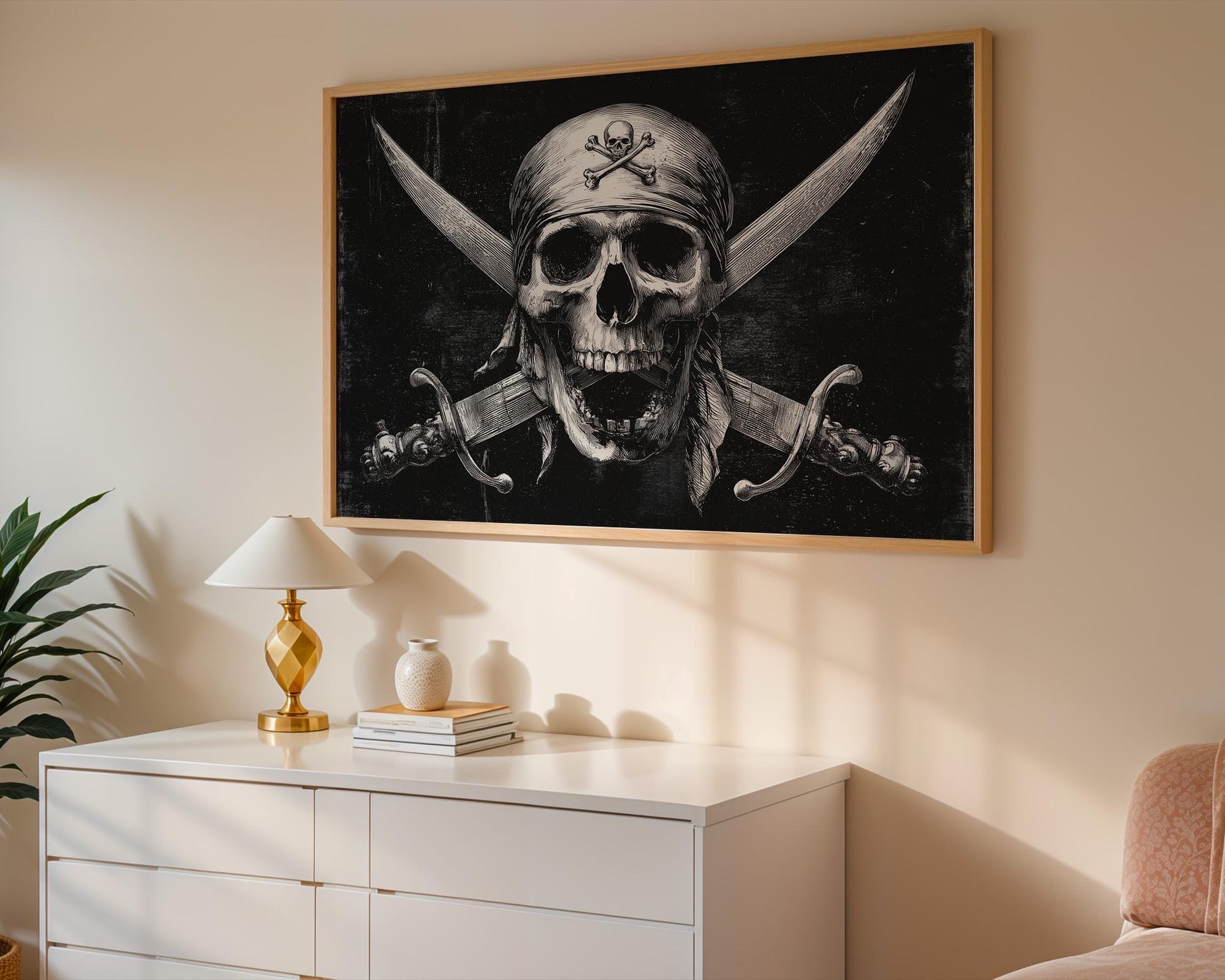 Classic black-and-white pirate artwork featuring a grinning skull in a headscarf with two crossed cutlasses. A bold tribute to the Jolly Roger, this vintage-inspired design evokes maritime rebellion, adventure, and outlaw vibes. Perfect for pirate fans, nautical collectors, bar decor, or man caves craving rugged, old-school energy. Clean, fierce, and timeless with a rebellious spirit for any wall.