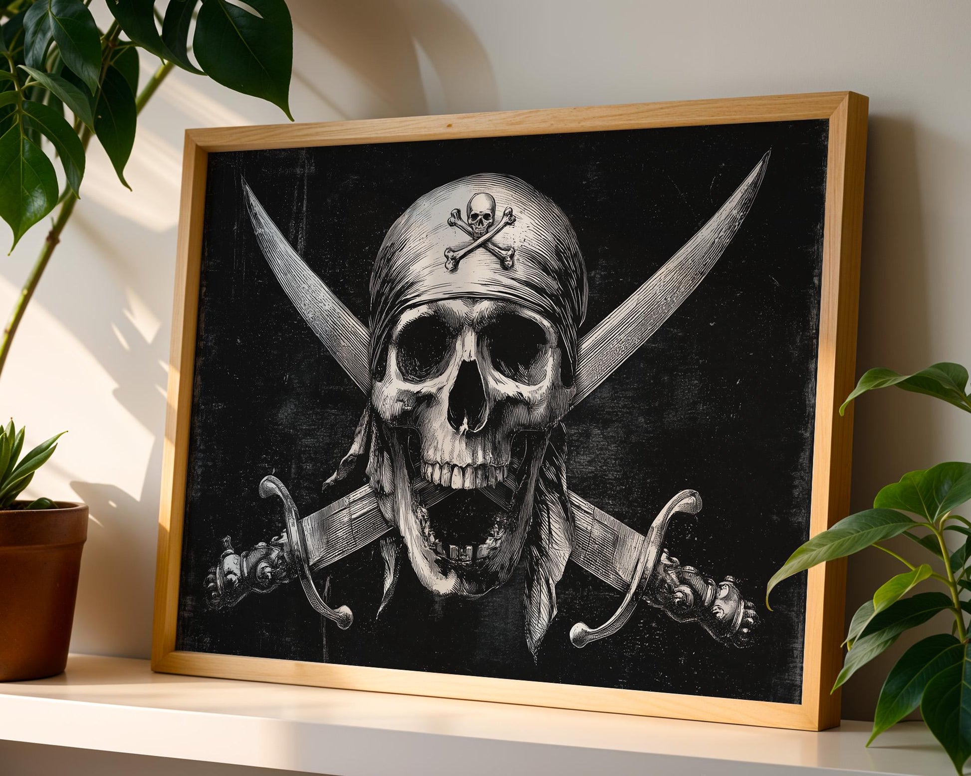 Classic black-and-white pirate artwork featuring a grinning skull in a headscarf with two crossed cutlasses. A bold tribute to the Jolly Roger, this vintage-inspired design evokes maritime rebellion, adventure, and outlaw vibes. Perfect for pirate fans, nautical collectors, bar decor, or man caves craving rugged, old-school energy. Clean, fierce, and timeless with a rebellious spirit for any wall.