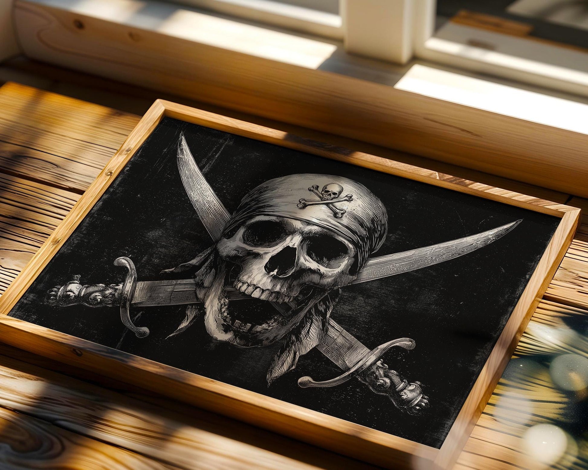 Classic black-and-white pirate artwork featuring a grinning skull in a headscarf with two crossed cutlasses. A bold tribute to the Jolly Roger, this vintage-inspired design evokes maritime rebellion, adventure, and outlaw vibes. Perfect for pirate fans, nautical collectors, bar decor, or man caves craving rugged, old-school energy. Clean, fierce, and timeless with a rebellious spirit for any wall.