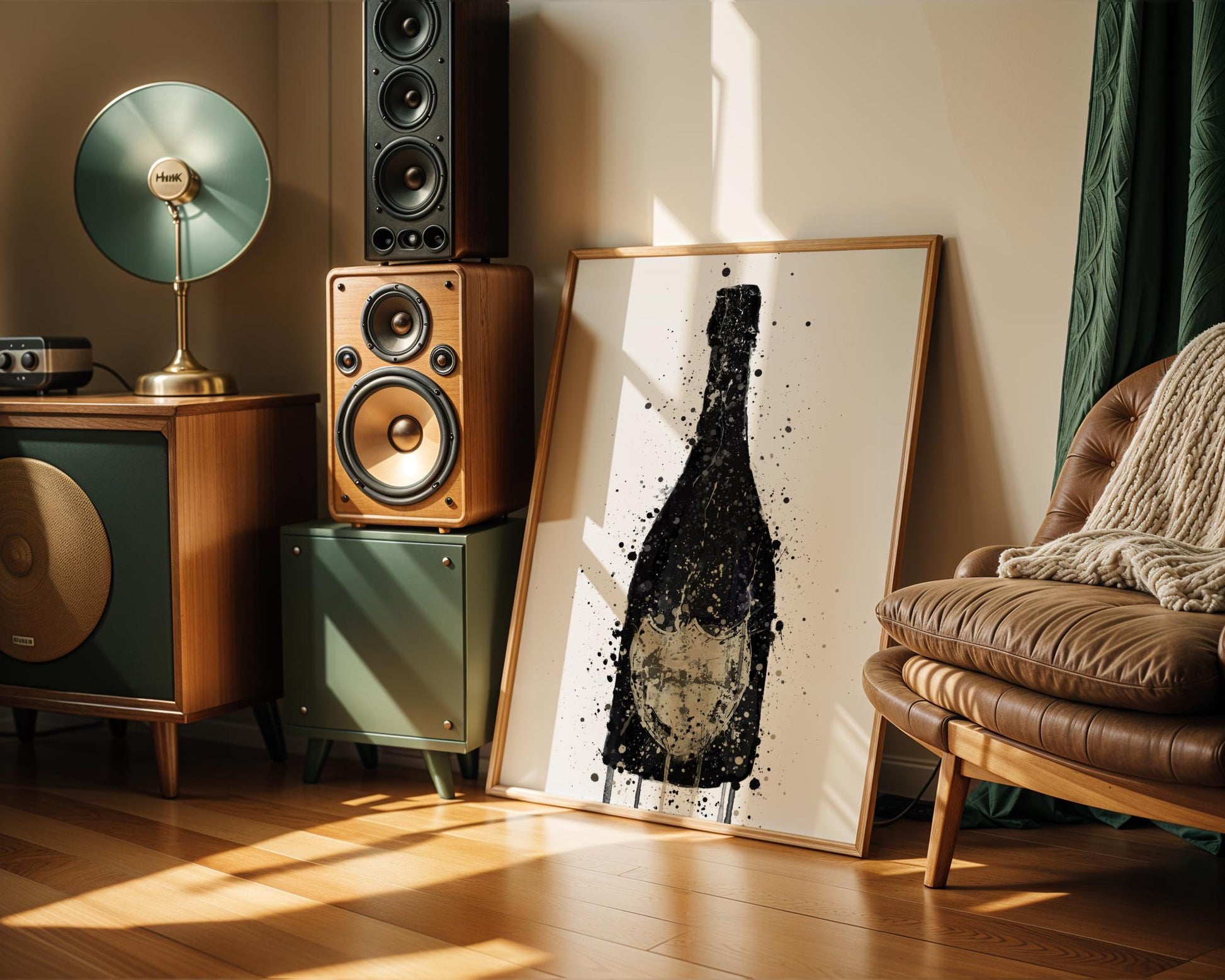 Elegant black and grey splash-art print of a champagne bottle, featuring a moody and minimalist aesthetic. Ideal for sophisticated bar spaces, home kitchens, or lounge areas, this modern alcohol-themed artwork offers a refined take on celebration and style. The understated palette and dynamic paint textures make it perfect for fans of bubbly drinks and upscale drink decor.