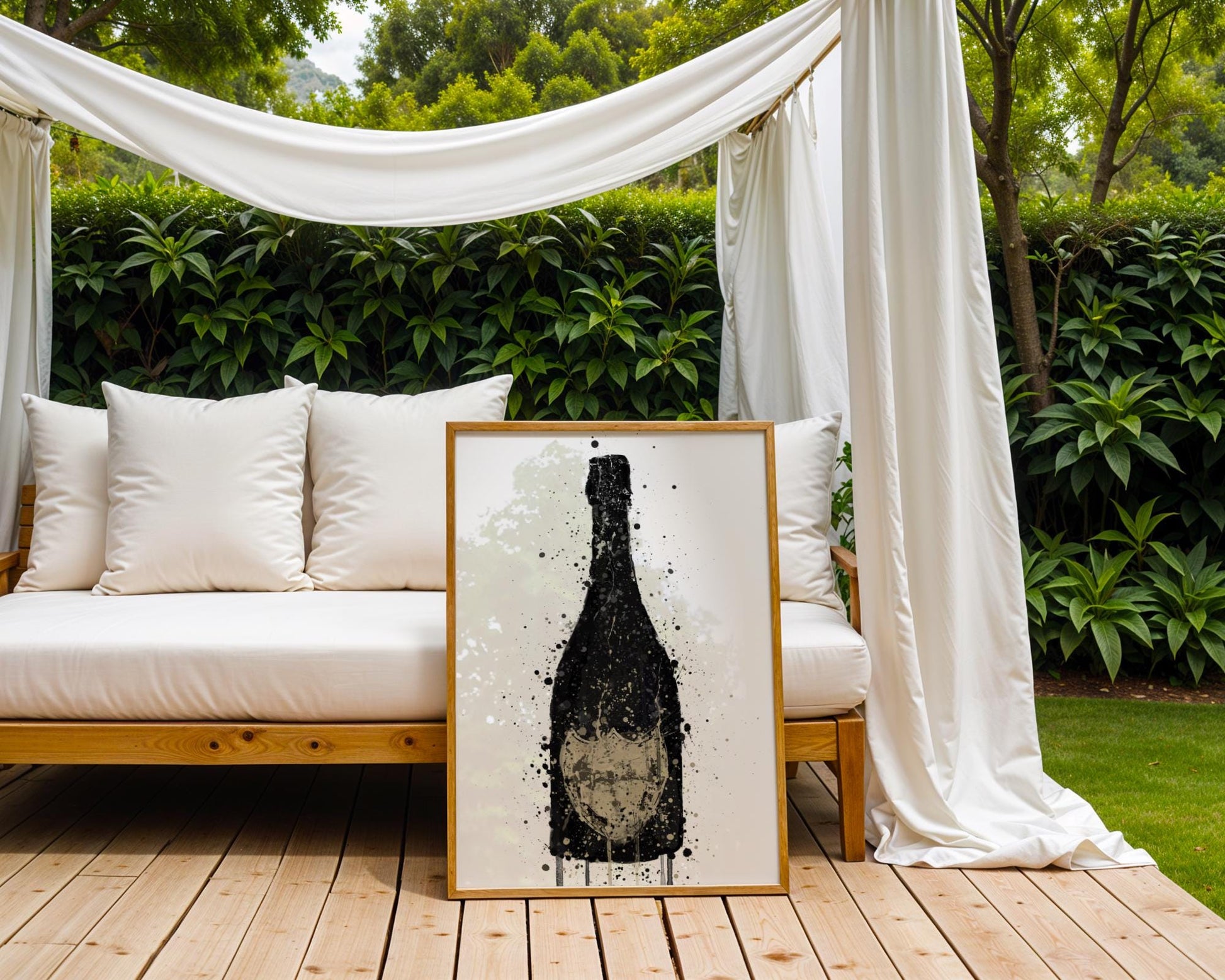 Elegant black and grey splash-art print of a champagne bottle, featuring a moody and minimalist aesthetic. Ideal for sophisticated bar spaces, home kitchens, or lounge areas, this modern alcohol-themed artwork offers a refined take on celebration and style. The understated palette and dynamic paint textures make it perfect for fans of bubbly drinks and upscale drink decor.