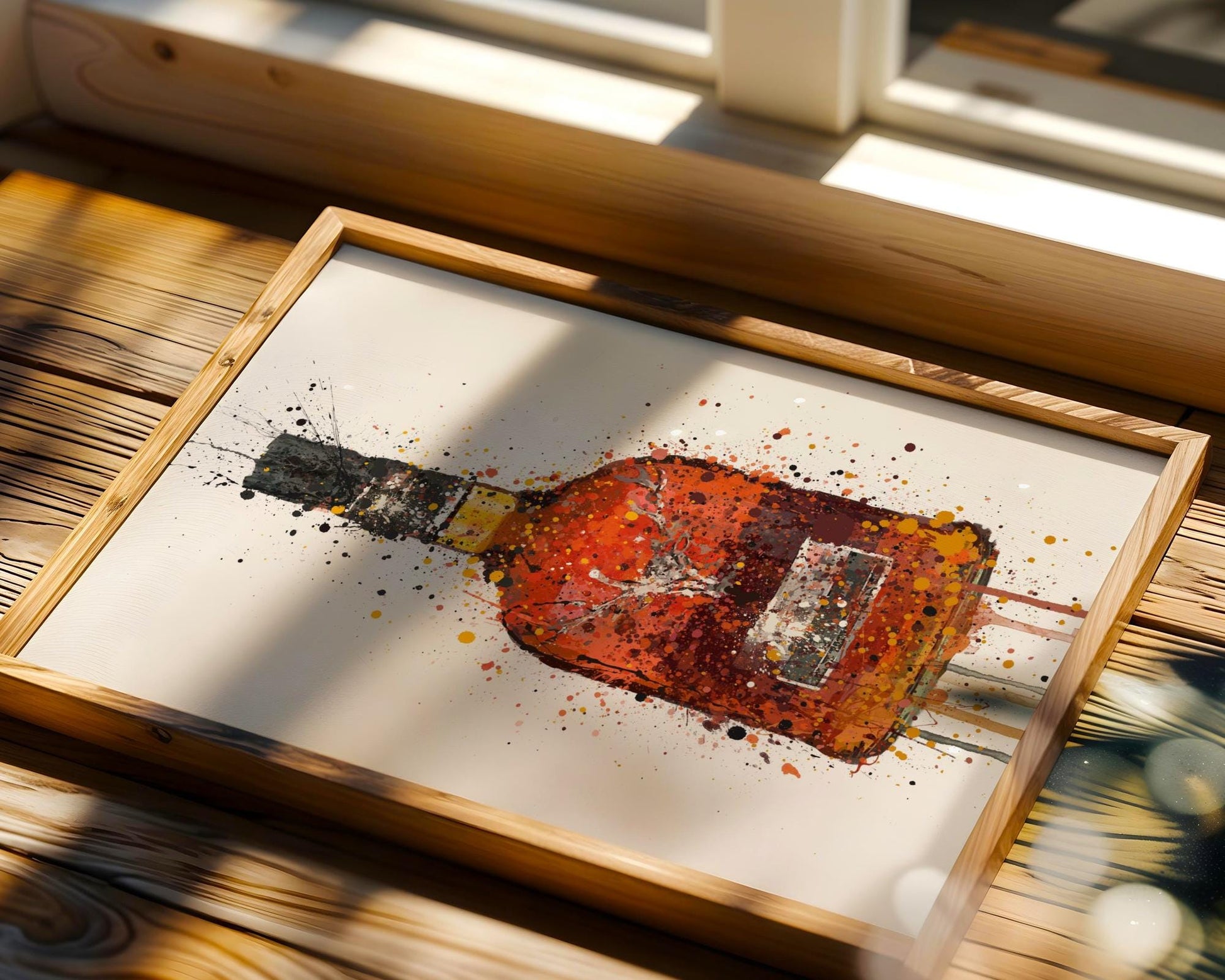 Artistic Woodford Reserve whiskey bottle print featuring rich amber and deep brown splash effects on a crisp white background. This bold and expressive bourbon-themed artwork captures the warmth and complexity of a premium Kentucky spirit. Ideal for elegant bar spaces, rustic lounges, or refined mancave walls, it’s a must-have for bourbon lovers and collectors of iconic American whiskey prints.