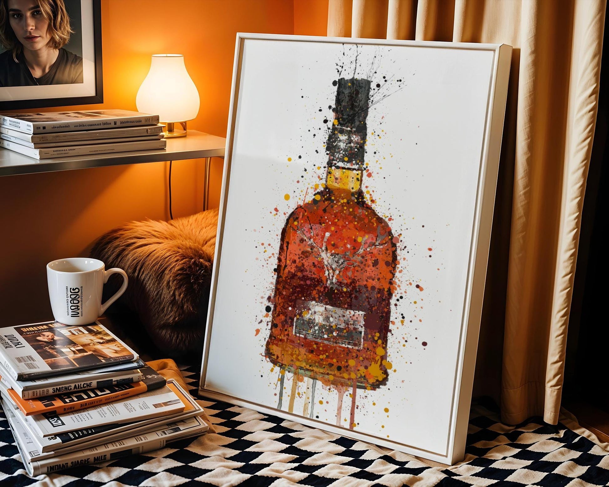 Artistic Woodford Reserve whiskey bottle print featuring rich amber and deep brown splash effects on a crisp white background. This bold and expressive bourbon-themed artwork captures the warmth and complexity of a premium Kentucky spirit. Ideal for elegant bar spaces, rustic lounges, or refined mancave walls, it’s a must-have for bourbon lovers and collectors of iconic American whiskey prints.