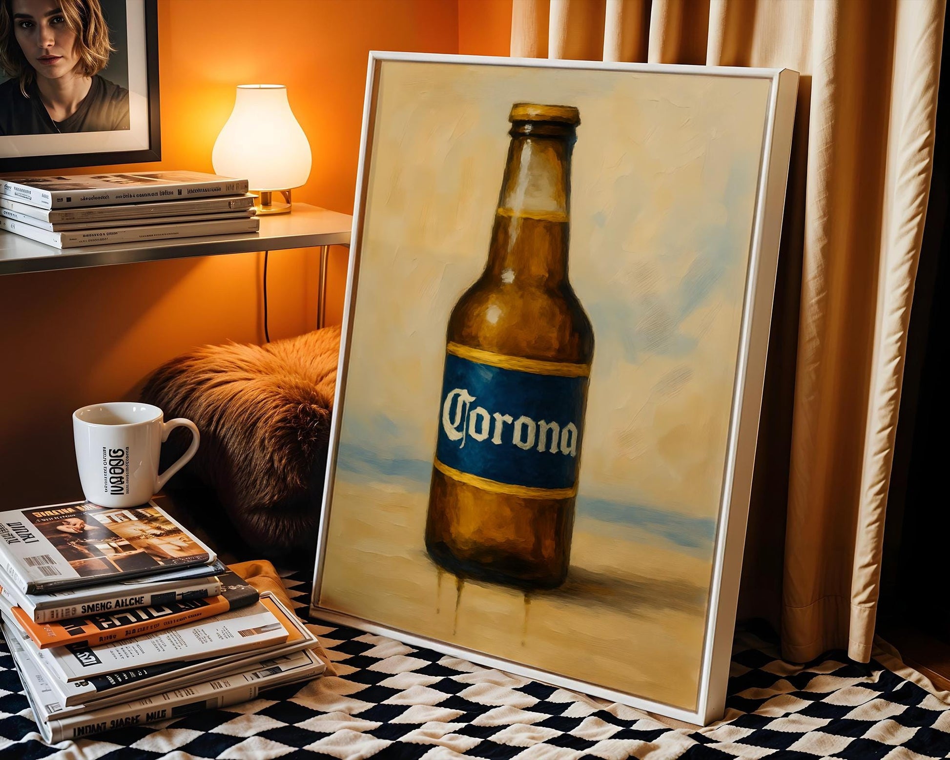 Clean and bold beer poster inspired by Corona, featuring a deep blue label bottle with light coastal tones and beach-style atmosphere. A fresh, relaxed design perfect for sunny home bars, beachy kitchens, or pubs with a laid-back aesthetic. This artwork pays tribute to summertime beers, evoking ocean breeze and classic lager imagery in an artistic, minimalist format.