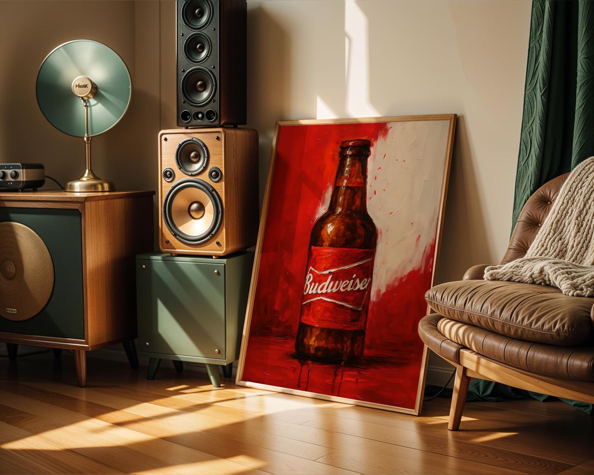 Eye-catching Budweiser-inspired bottle artwork featuring vivid red and white tones with a textured splash background. This American lager print blends vintage brand loyalty with high-impact visual style, ideal for patriotic bars, game rooms, and bold mancave aesthetics. Celebrate classic beer culture with this energetic design centered on a legendary brew.