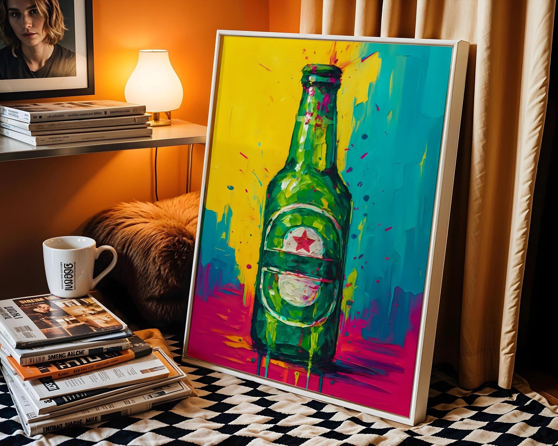 A neon-style beer bottle poster inspired by Heineken, rendered in bold tropical colors including green, yellow, blue, and pink. This high-energy art print captures party vibes, perfect for club-style bars, vibrant kitchen corners, or eclectic mancave spaces. A modern twist on a classic lager brand, delivering bold attitude, street style, and youthful spirit to any beer lover’s wall.