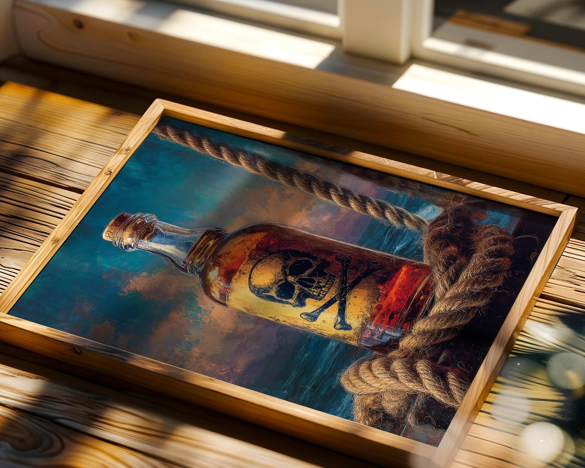 Fantasy-inspired pirate rum bottle print with skull-and-crossbones label, thick ship rope, and ocean sunset background. Perfect for nautical decor, pirate lovers, and rum enthusiasts, this dramatic artwork captures maritime legend and tropical adventure in a colorful, detailed setting. Great for bar spaces, pub walls, or themed mancaves with a taste for bold spirits and seafaring style.