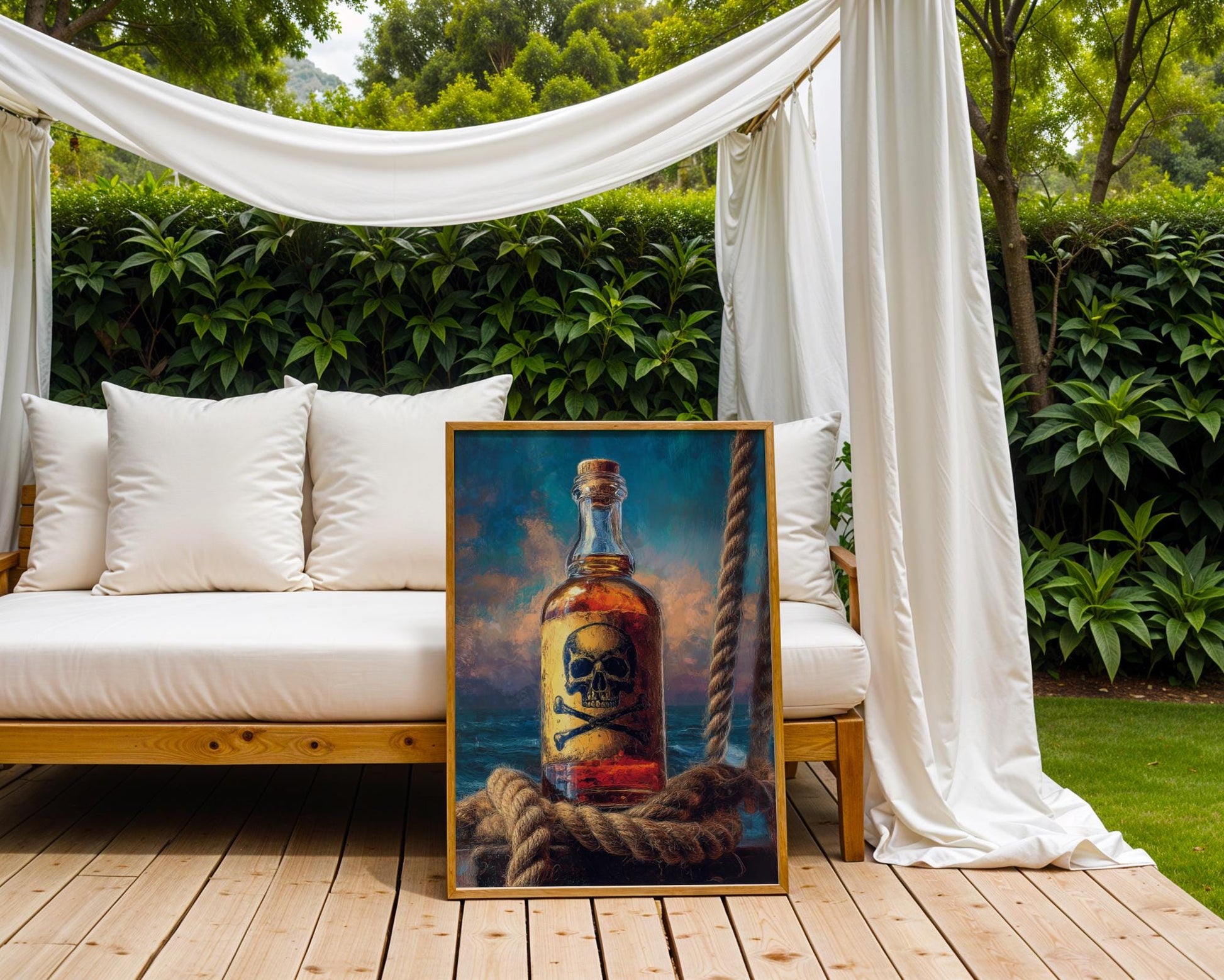 Fantasy-inspired pirate rum bottle print with skull-and-crossbones label, thick ship rope, and ocean sunset background. Perfect for nautical decor, pirate lovers, and rum enthusiasts, this dramatic artwork captures maritime legend and tropical adventure in a colorful, detailed setting. Great for bar spaces, pub walls, or themed mancaves with a taste for bold spirits and seafaring style.