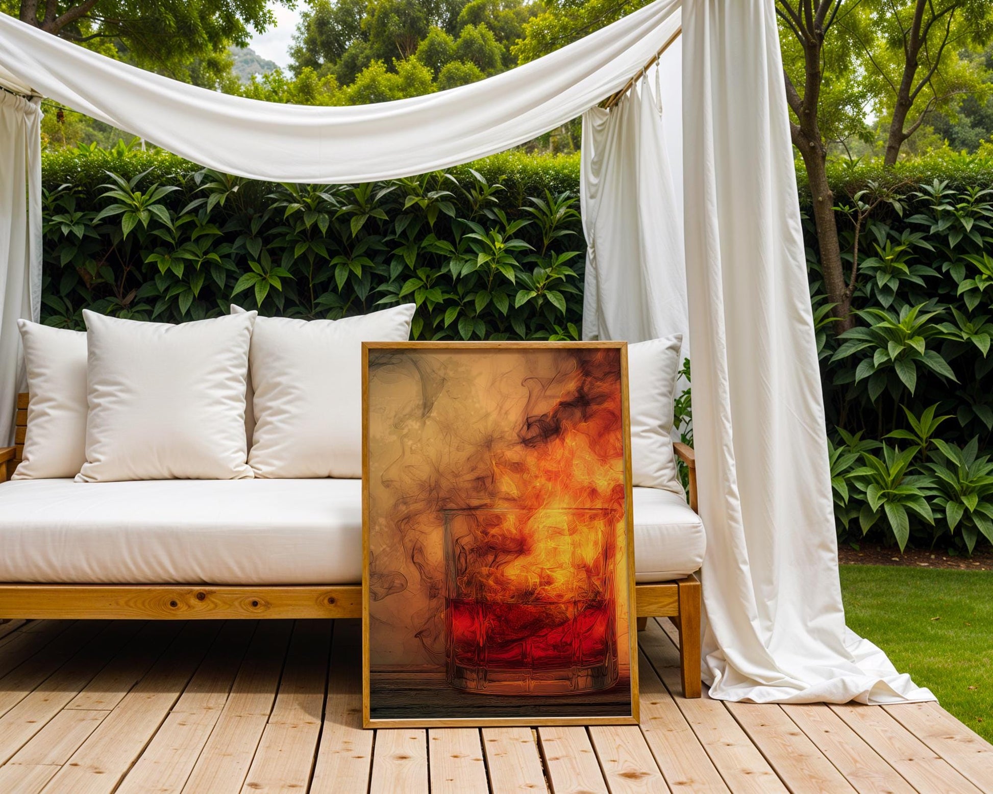 Intense whiskey glass artwork with blazing fire and swirling heat effect rising from rich red liquid. A visually explosive alcohol-themed print ideal for bold drinkers, this piece brings passion, heat, and drama to home bars or moody mancaves. Perfect for lovers of fiery bourbon, hot cocktails, or dramatic wall visuals that turn up the temperature in any space.