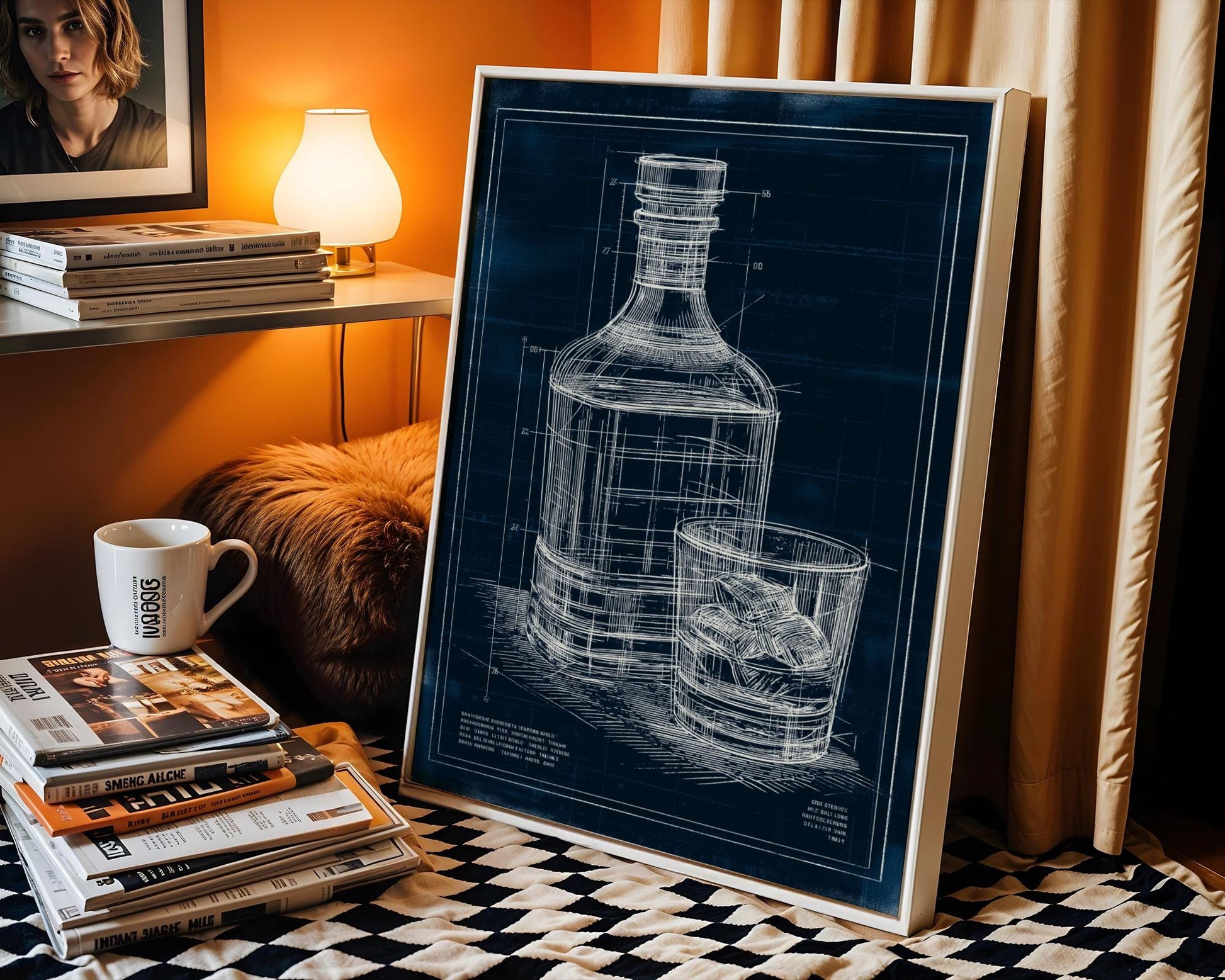 Unique blueprint-style poster of a whiskey bottle and glass with intricate white line detailing on deep blue background. This technical drawing-inspired piece is perfect for engineers, tinkerers, and makers who also love good spirits. Great for modern mancaves, creative studios, or stylish bar decor with a clever, industrial twist.