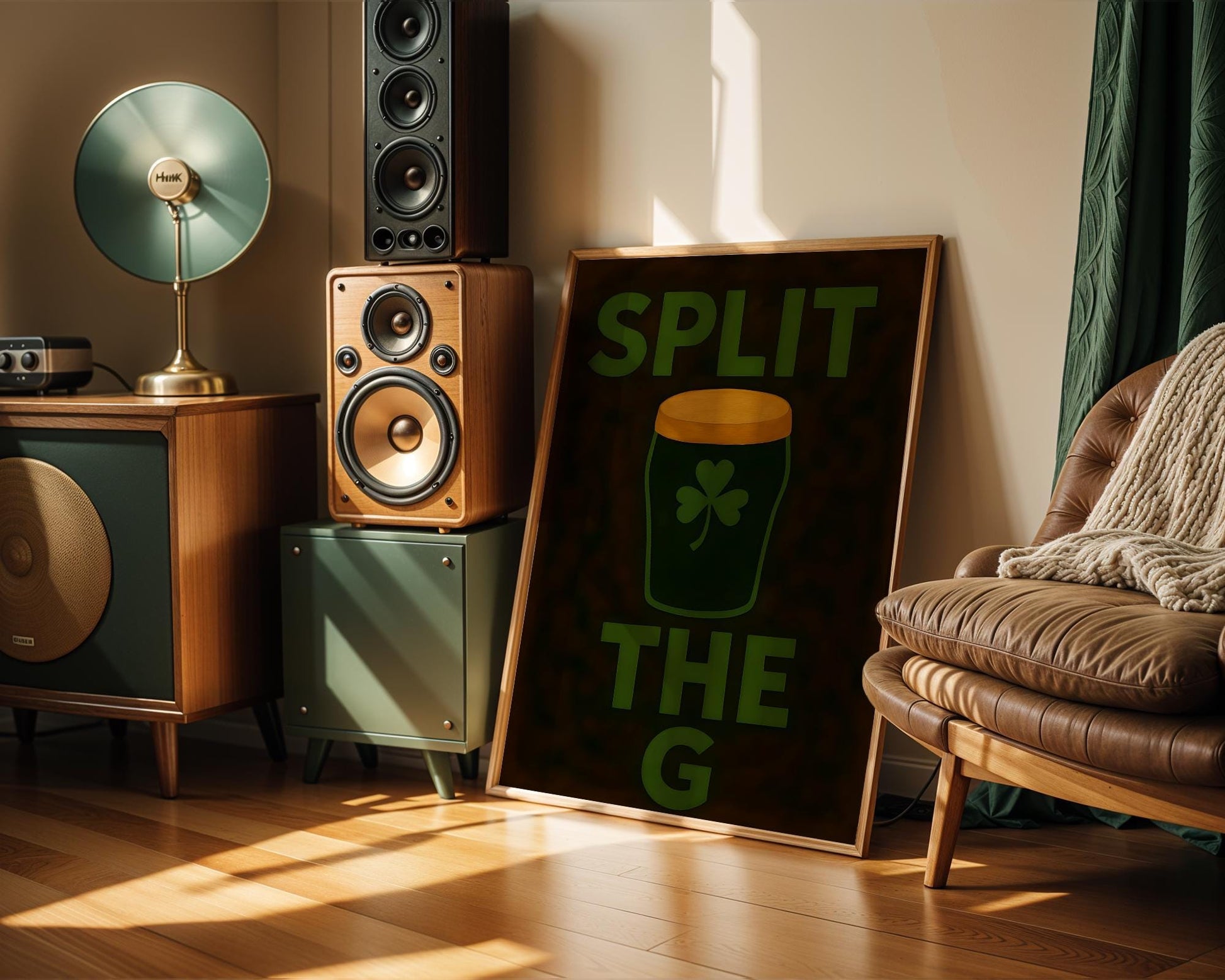 Bold typography print with 'Split the G' and a dark stout pint in the center, featuring a green shamrock motif. Set against a deep, moody background, this humorous and iconic Irish beer reference is perfect for Guinness fans and pub lovers. Ideal for home bars, St. Paddy’s Day displays, or mancave walls where beer rules supreme.