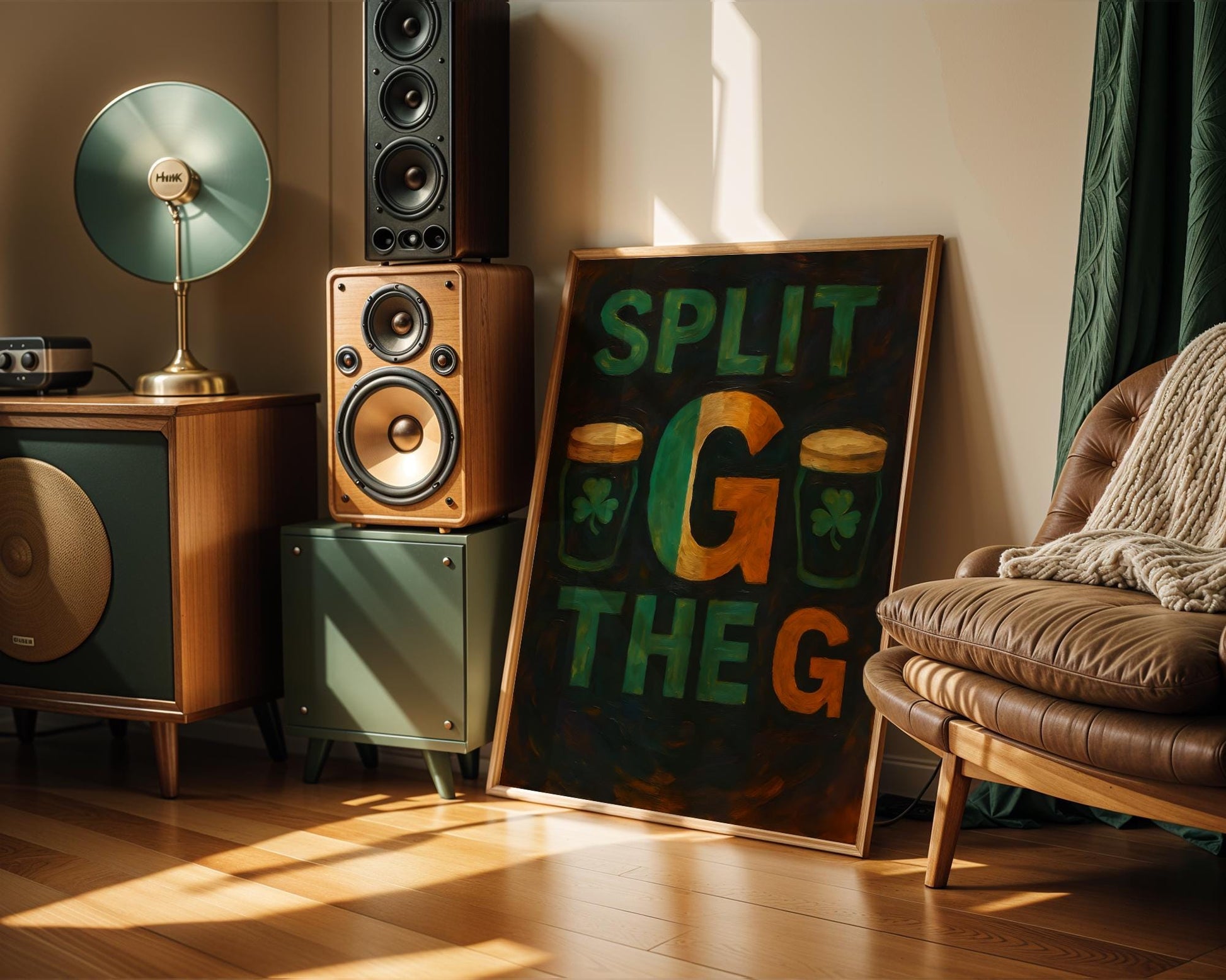 Hand-painted poster featuring the playful phrase 'Split the G' in large green and gold letters flanked by two pints of dark Irish stout. With textured brushwork and a moody palette, this piece captures the pub atmosphere and cheeky Guinness challenge. Ideal for beer lovers, pub decor, or as a St. Patrick’s Day gift.
