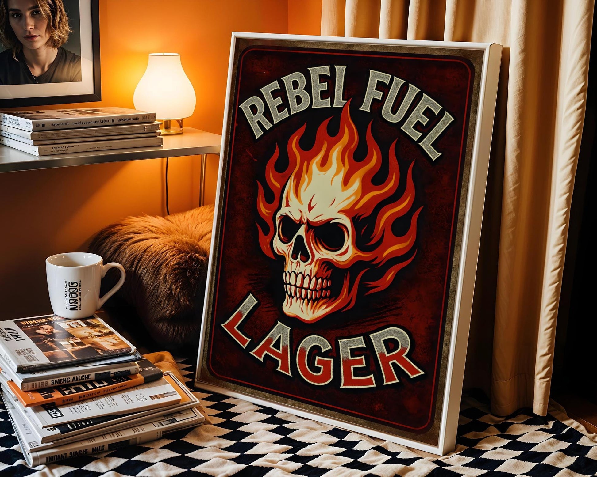 Fiery poster design featuring a flaming skull and the bold text 'Rebel Fuel Lager' in grunge-style lettering. Perfect for rebellious spirits, this eye-catching design oozes rock-and-roll bar culture and aggressive beer branding. Great for garages, home bars, and alternative brew lovers who like their beer and decor with bite.