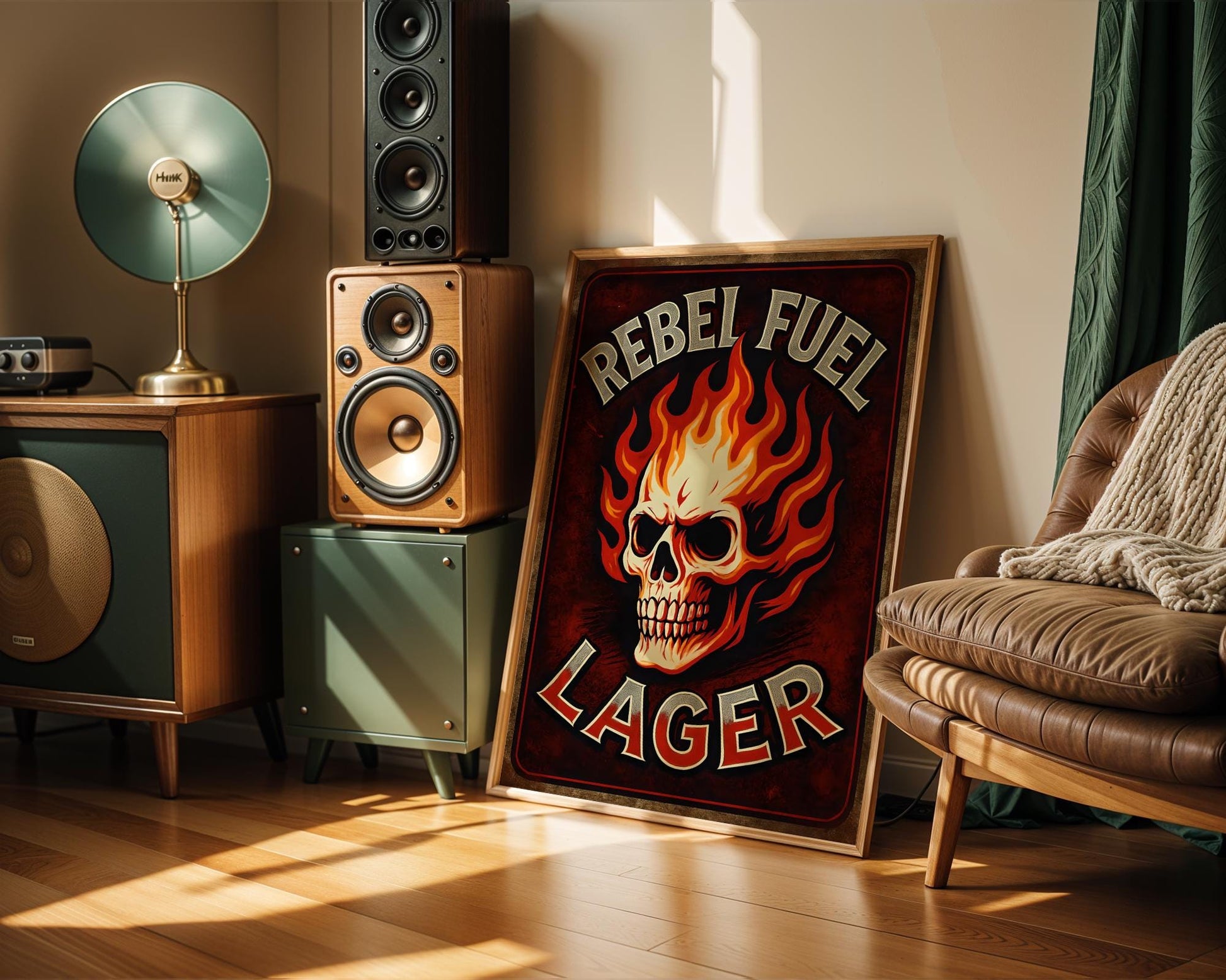 Fiery poster design featuring a flaming skull and the bold text 'Rebel Fuel Lager' in grunge-style lettering. Perfect for rebellious spirits, this eye-catching design oozes rock-and-roll bar culture and aggressive beer branding. Great for garages, home bars, and alternative brew lovers who like their beer and decor with bite.