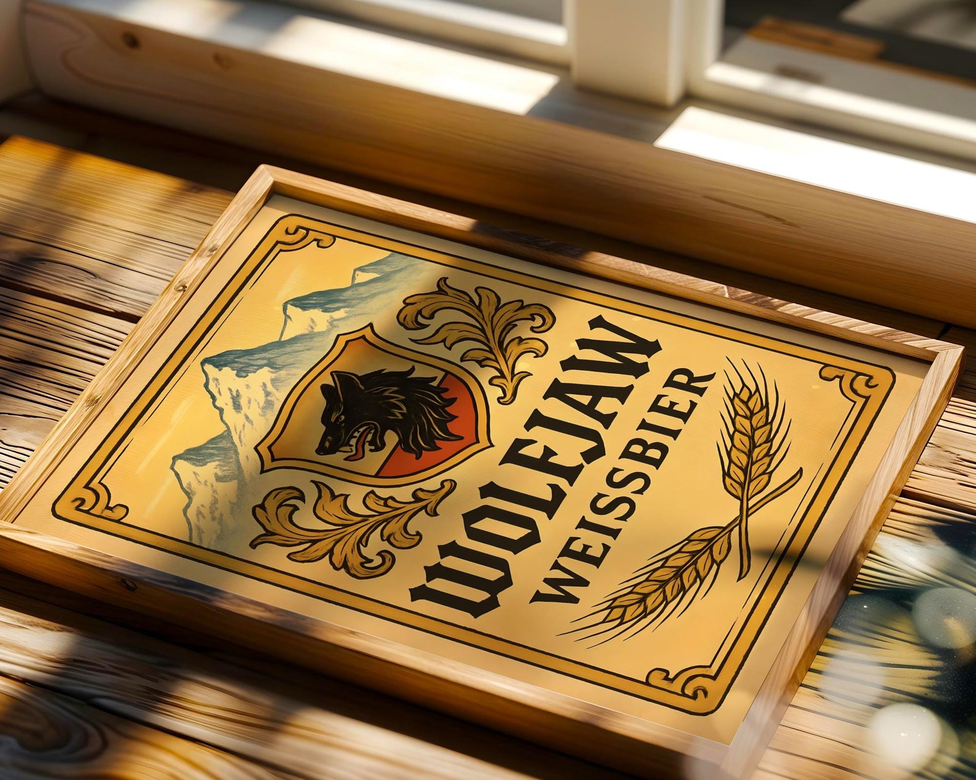 Bold vintage-style wall art featuring a fictional 'Wolejaw Weissbier' label with classic German design, including a fierce wolf crest and alpine mountains. Rich golden tones and stylized barley details make this piece ideal for beer lovers, home bar setups, or rustic kitchen decor. Evoke the charm of Bavarian beer halls and artisanal brewing with this nostalgic artwork that blends character and color into your space.