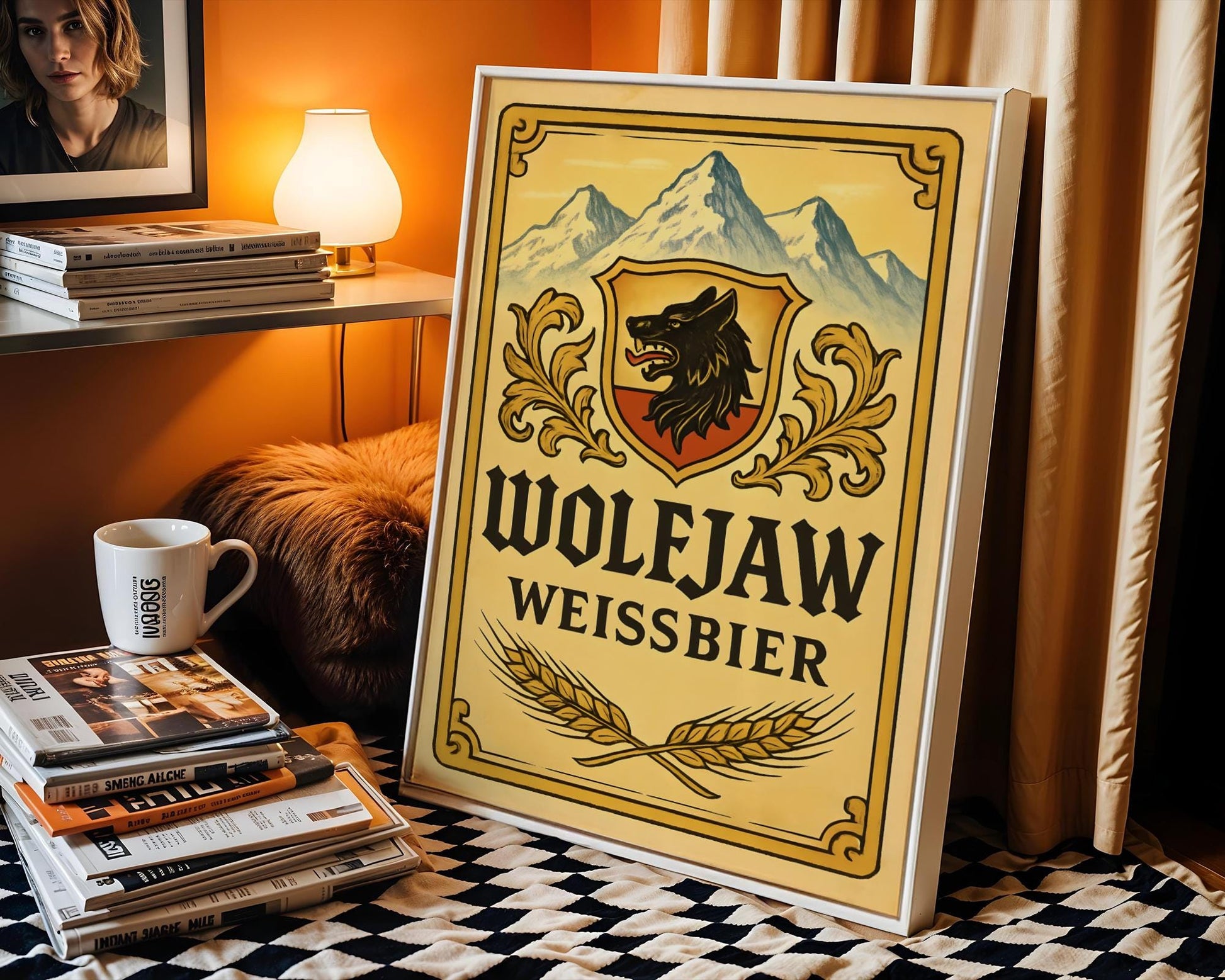 Bold vintage-style wall art featuring a fictional 'Wolejaw Weissbier' label with classic German design, including a fierce wolf crest and alpine mountains. Rich golden tones and stylized barley details make this piece ideal for beer lovers, home bar setups, or rustic kitchen decor. Evoke the charm of Bavarian beer halls and artisanal brewing with this nostalgic artwork that blends character and color into your space.