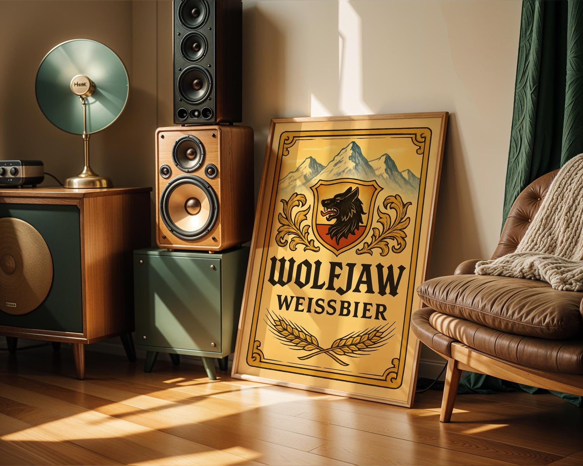 Bold vintage-style wall art featuring a fictional 'Wolejaw Weissbier' label with classic German design, including a fierce wolf crest and alpine mountains. Rich golden tones and stylized barley details make this piece ideal for beer lovers, home bar setups, or rustic kitchen decor. Evoke the charm of Bavarian beer halls and artisanal brewing with this nostalgic artwork that blends character and color into your space.