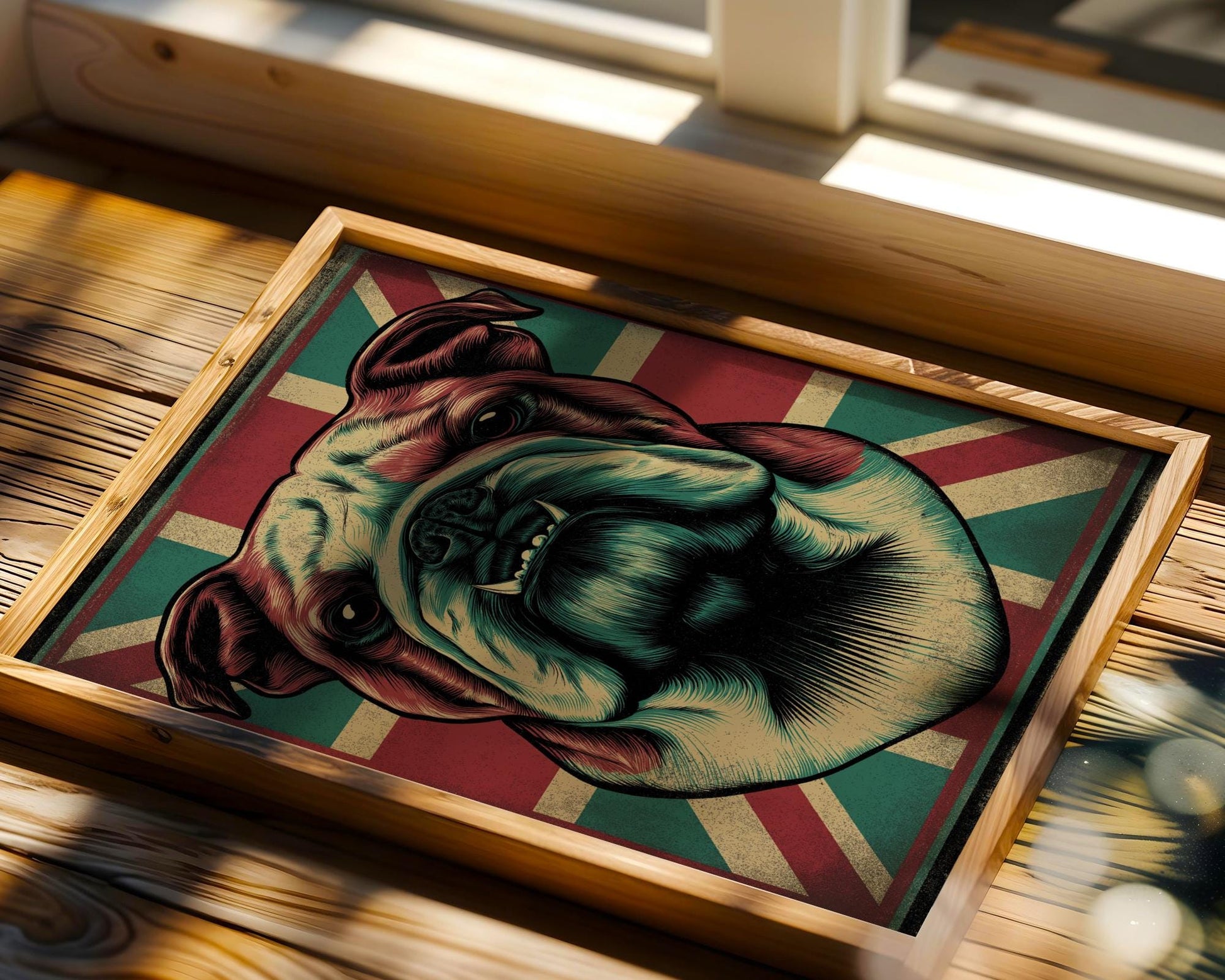 Vintage-style illustration of a British bulldog with a Union Jack background, perfect for UK-themed bar decor, beer lovers, and pub walls. Bold, detailed design makes it ideal mancave wall art or British beer enthusiast gift. Adds personality and grit to any drinking space, especially for bulldog fans. Great print for British pride and pub signage aesthetics. Rustic tones and patriotic flair give this piece standout appeal in home bars, lounges, or British-themed interiors.