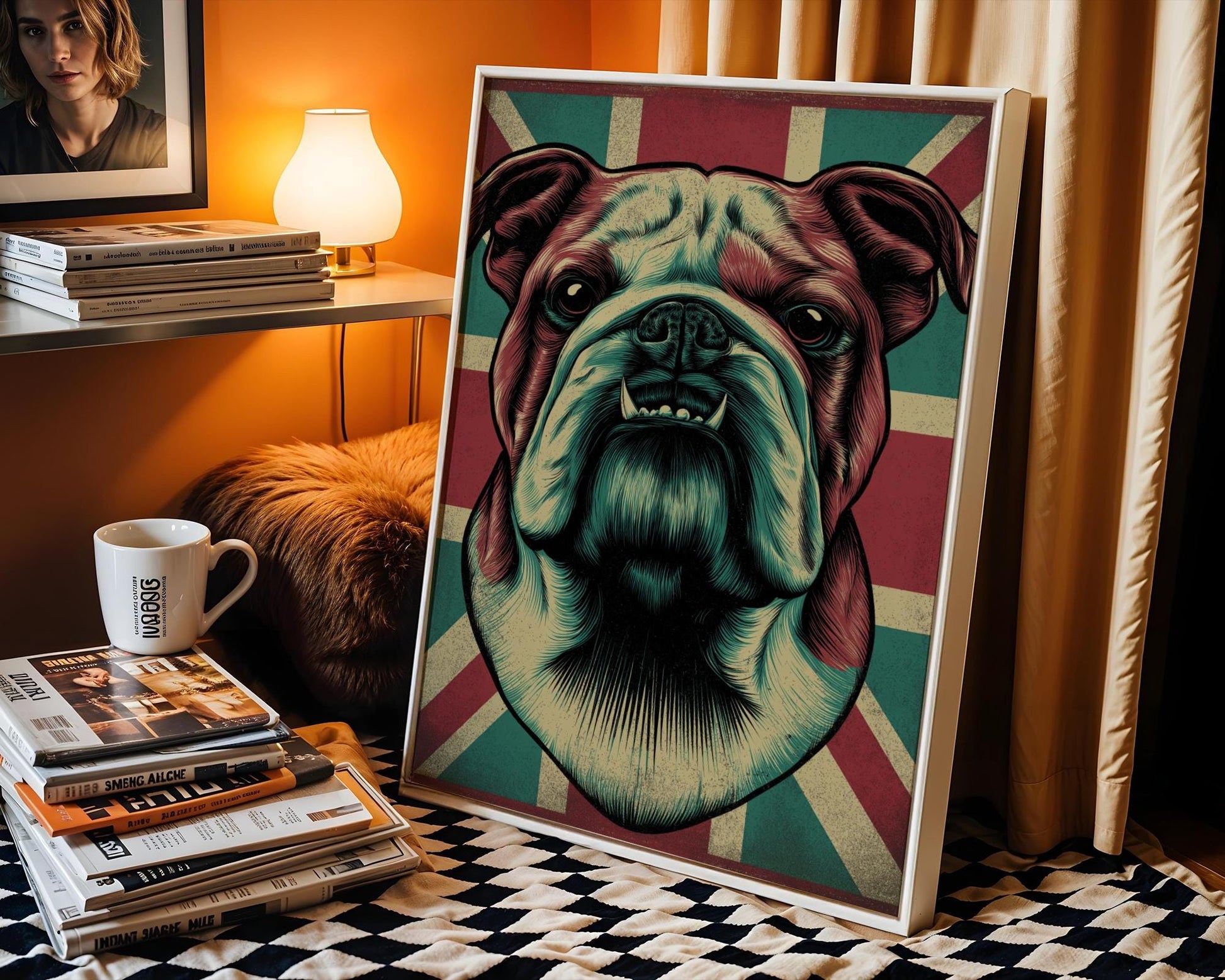 Vintage-style illustration of a British bulldog with a Union Jack background, perfect for UK-themed bar decor, beer lovers, and pub walls. Bold, detailed design makes it ideal mancave wall art or British beer enthusiast gift. Adds personality and grit to any drinking space, especially for bulldog fans. Great print for British pride and pub signage aesthetics. Rustic tones and patriotic flair give this piece standout appeal in home bars, lounges, or British-themed interiors.