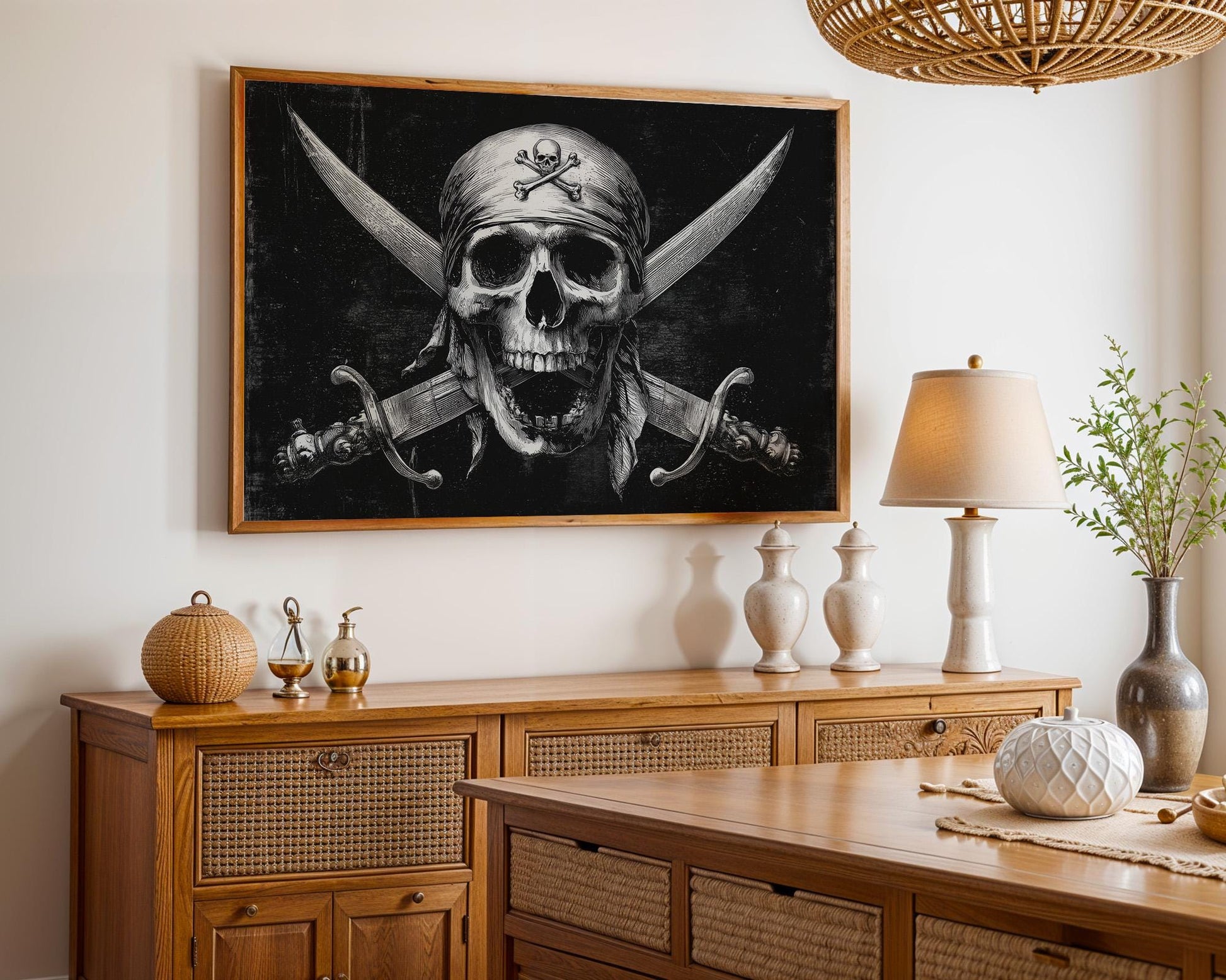 Classic black-and-white pirate artwork featuring a grinning skull in a headscarf with two crossed cutlasses. A bold tribute to the Jolly Roger, this vintage-inspired design evokes maritime rebellion, adventure, and outlaw vibes. Perfect for pirate fans, nautical collectors, bar decor, or man caves craving rugged, old-school energy. Clean, fierce, and timeless with a rebellious spirit for any wall.