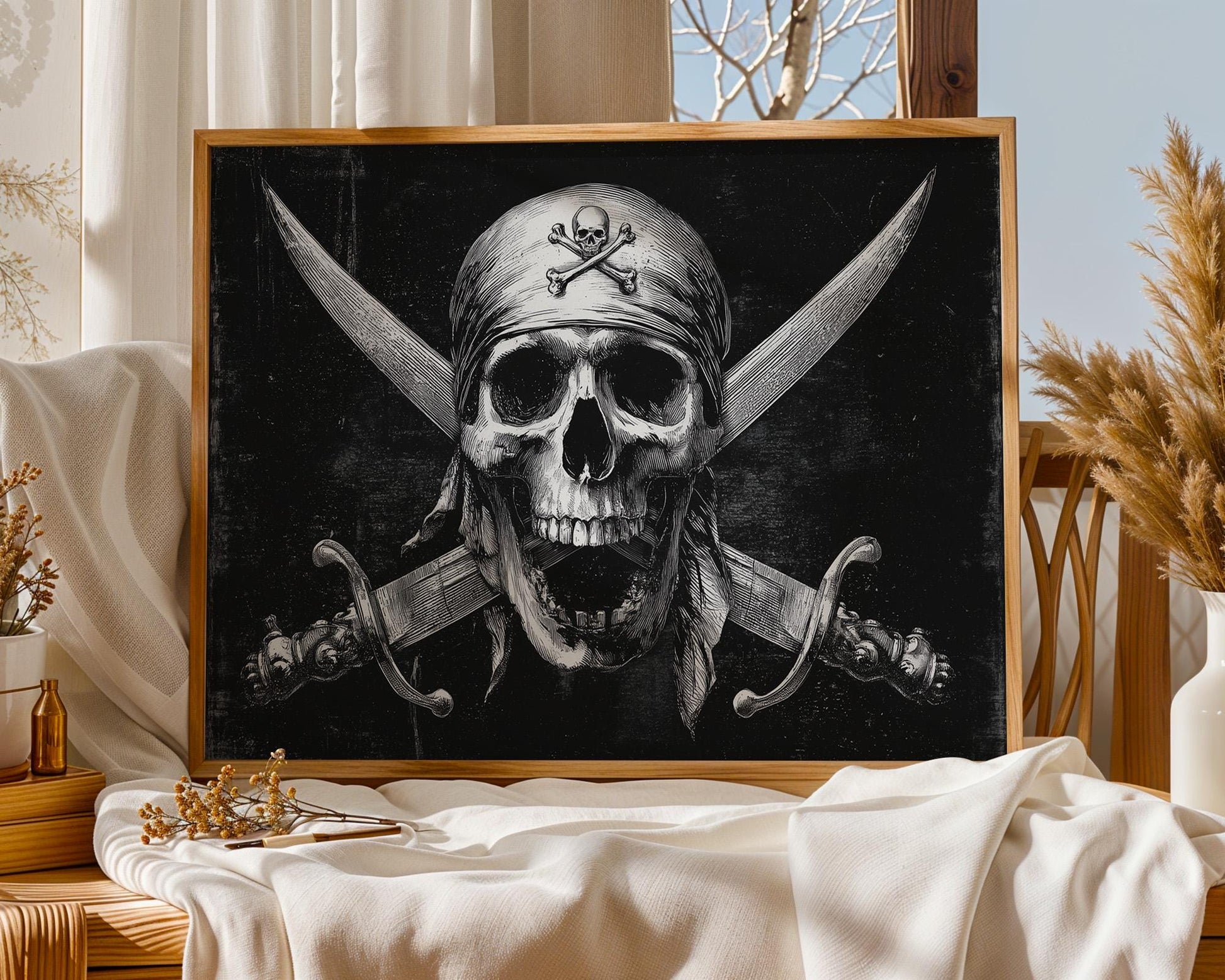 Classic black-and-white pirate artwork featuring a grinning skull in a headscarf with two crossed cutlasses. A bold tribute to the Jolly Roger, this vintage-inspired design evokes maritime rebellion, adventure, and outlaw vibes. Perfect for pirate fans, nautical collectors, bar decor, or man caves craving rugged, old-school energy. Clean, fierce, and timeless with a rebellious spirit for any wall.
