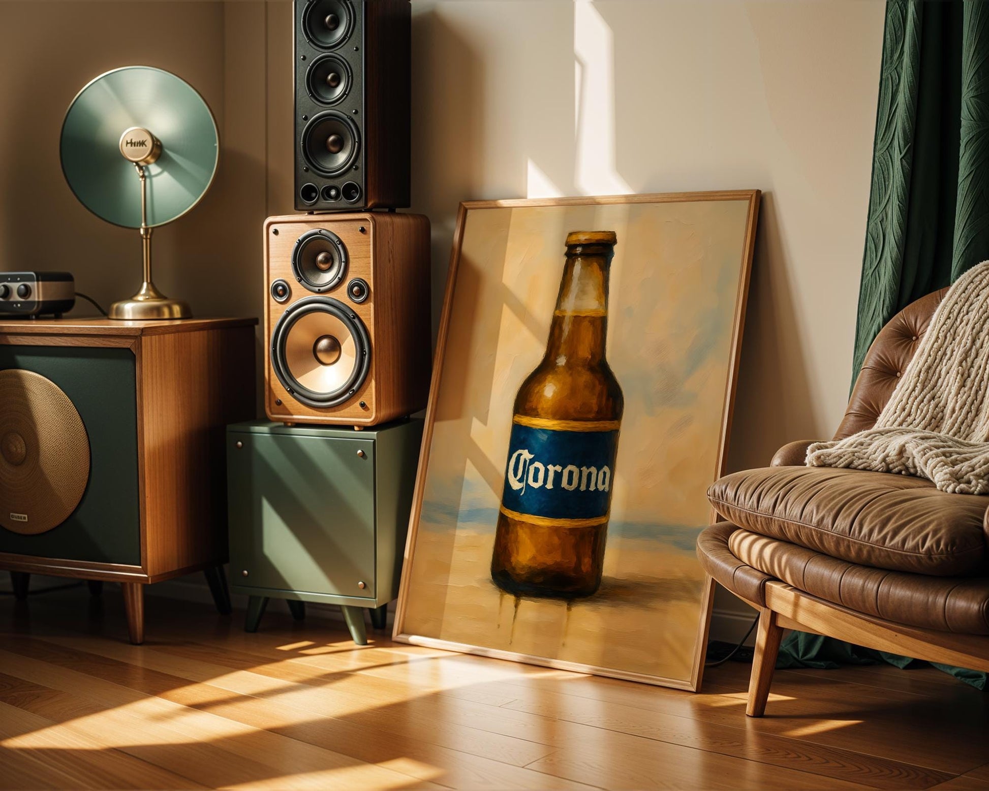 Clean and bold beer poster inspired by Corona, featuring a deep blue label bottle with light coastal tones and beach-style atmosphere. A fresh, relaxed design perfect for sunny home bars, beachy kitchens, or pubs with a laid-back aesthetic. This artwork pays tribute to summertime beers, evoking ocean breeze and classic lager imagery in an artistic, minimalist format.